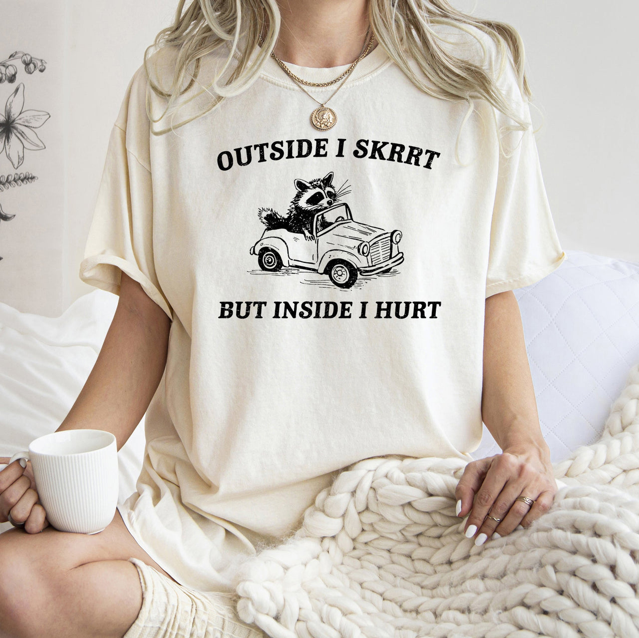 Outside I Skrrt Inside I Hurt Raccoon Meme Aesthetic Funny Bold Comfort Colors Tee