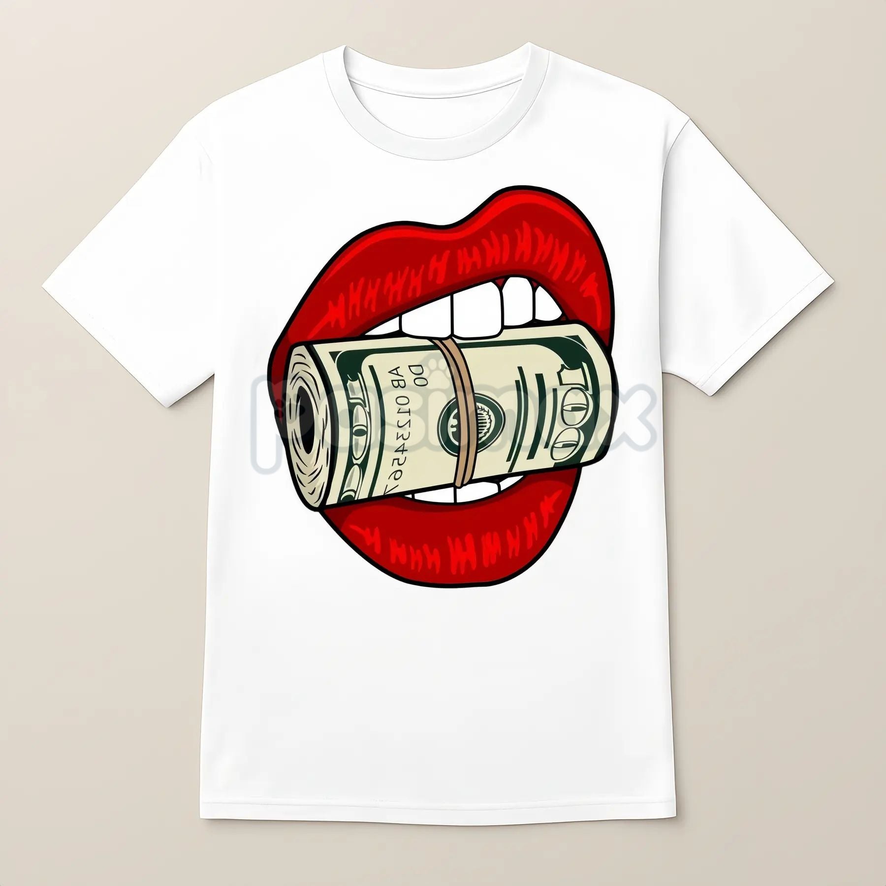 Oversized Red Lips Biting Cash Roll Graphic Tee - Edgy Streetwear Shirt, Luxury Lifestyle Apparel