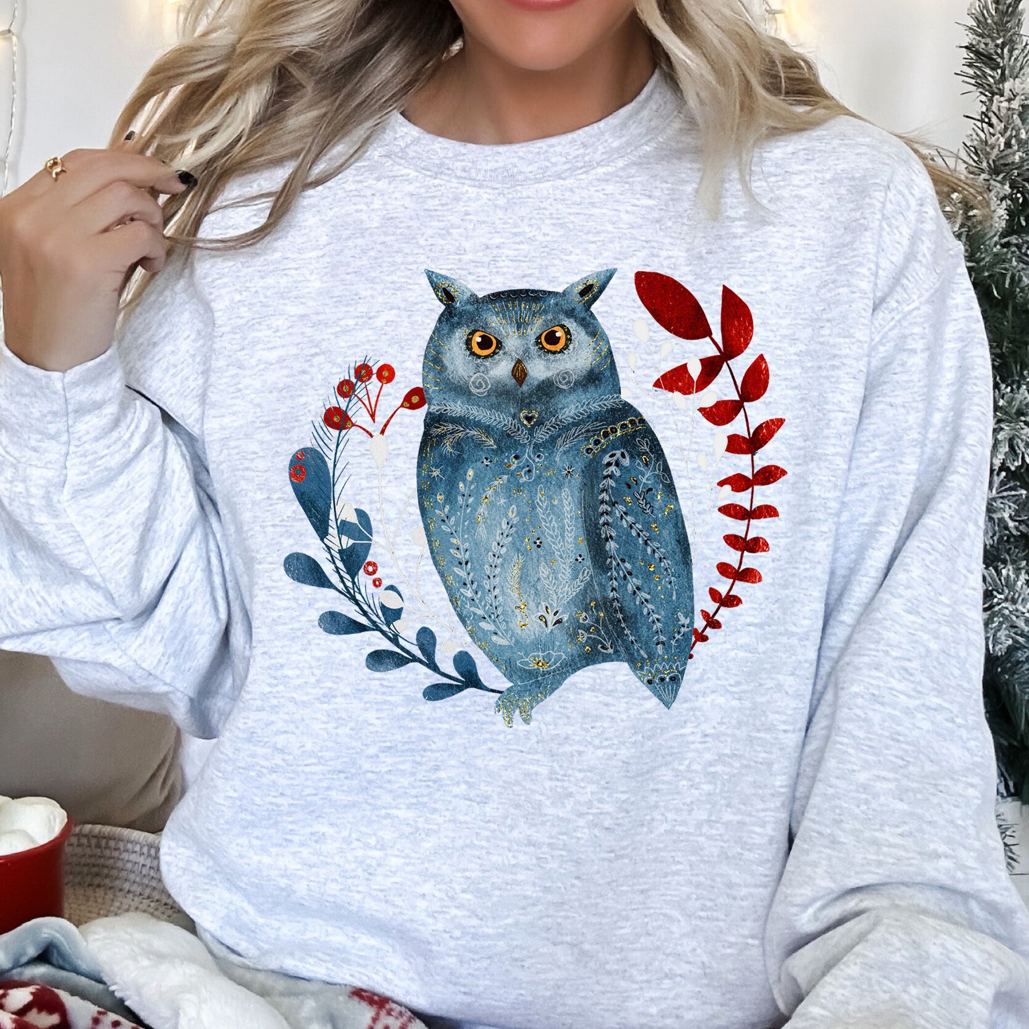Owl Folk Art Scandinavian Inspired Winter Christmas Nordic Owl Design Sweatshirt