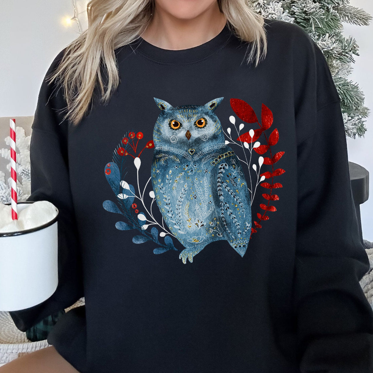 Owl Folk Art Scandinavian Inspired Winter Christmas Nordic Owl Design Sweatshirt