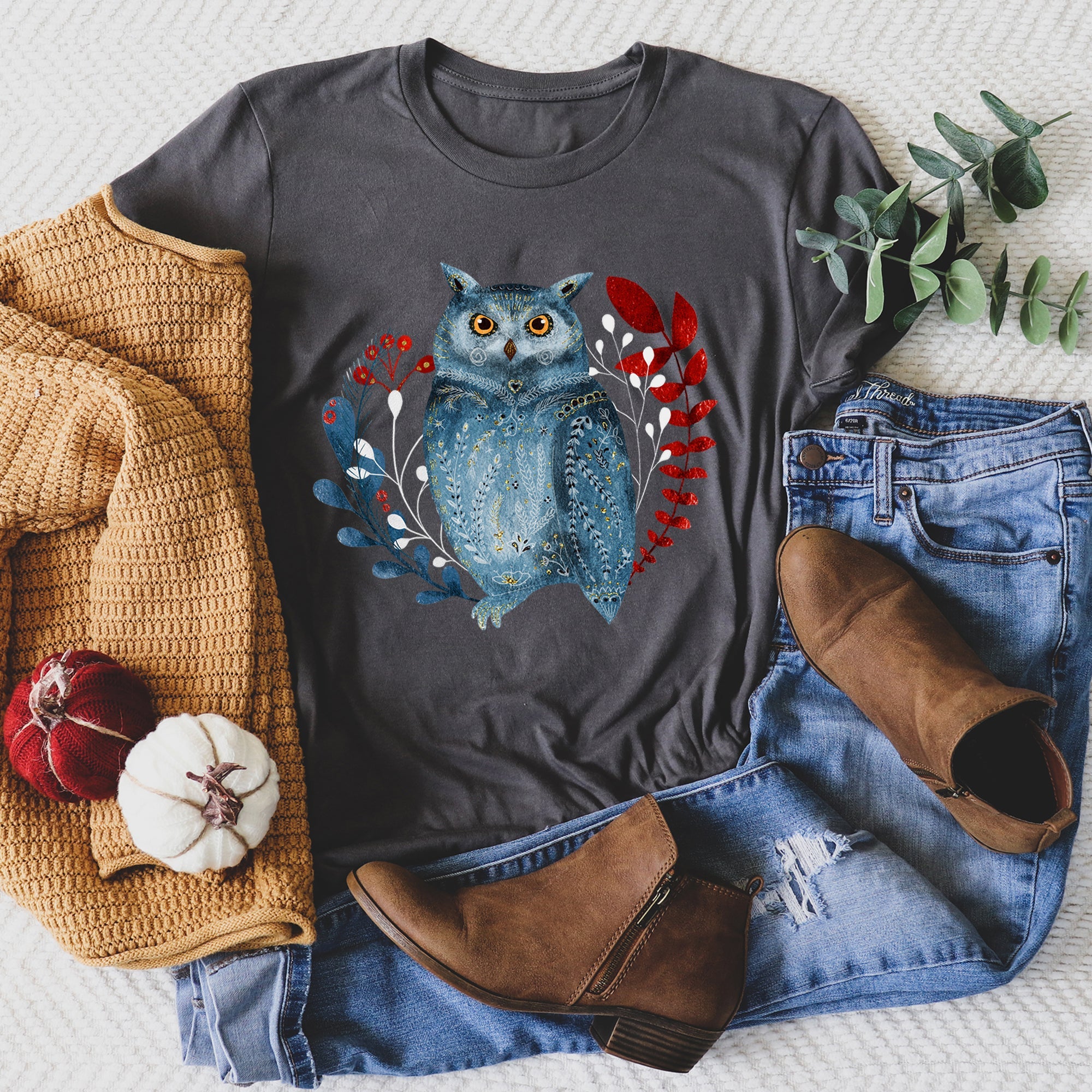 Owl Folk Art Scandinavian Winter Christmas Ornaments Scene Cozy Vintage Graphic Tee