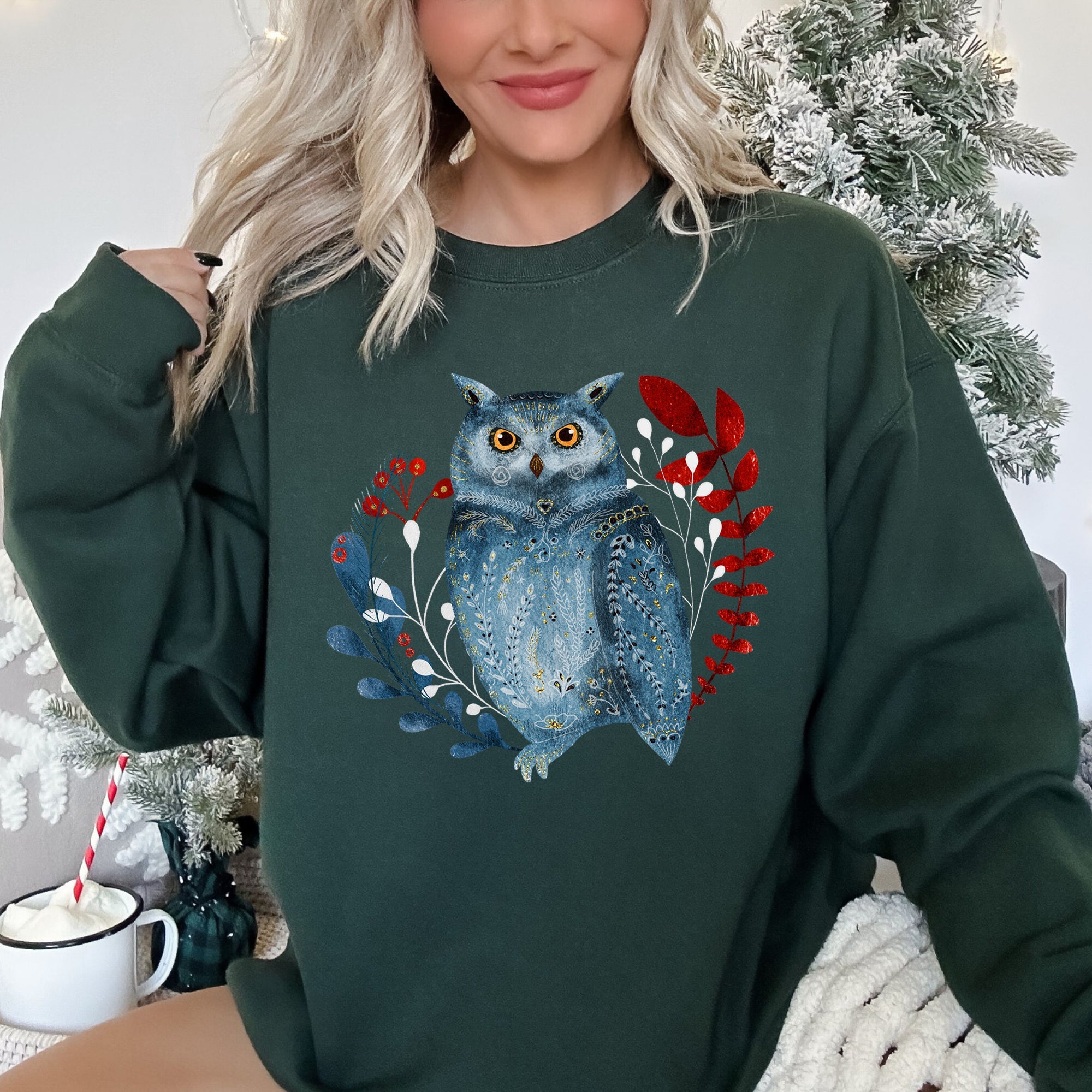 Owl Folk Art Scandinavian Inspired Winter Christmas Nordic Owl Design Sweatshirt