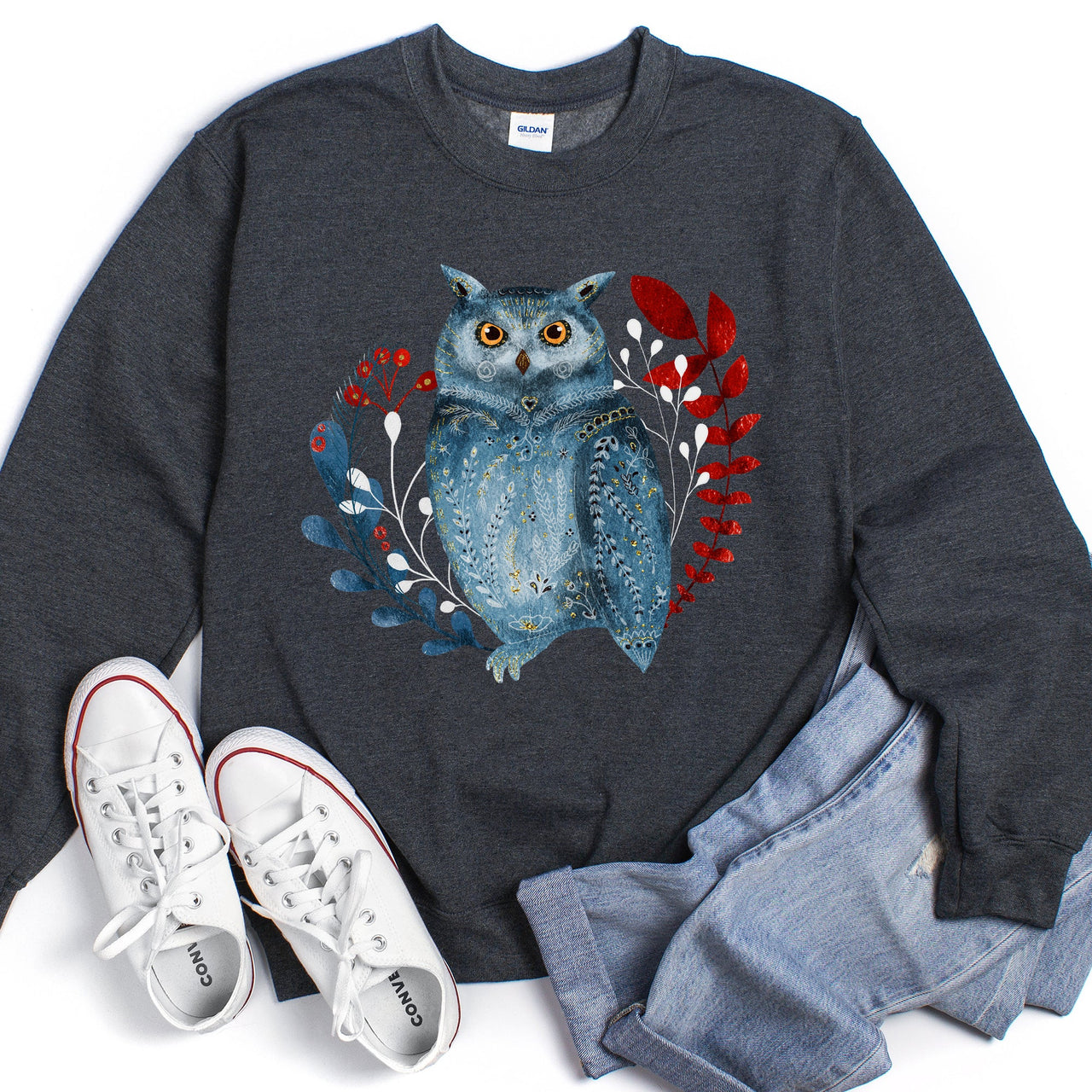 Owl Folk Art Scandinavian Inspired Winter Christmas Nordic Owl Design Sweatshirt