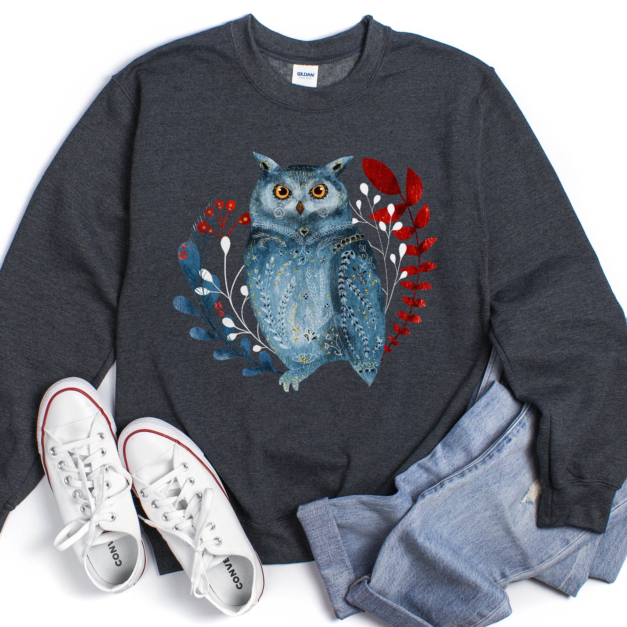 Owl Folk Art Scandinavian Inspired Winter Christmas Nordic Owl Design Sweatshirt
