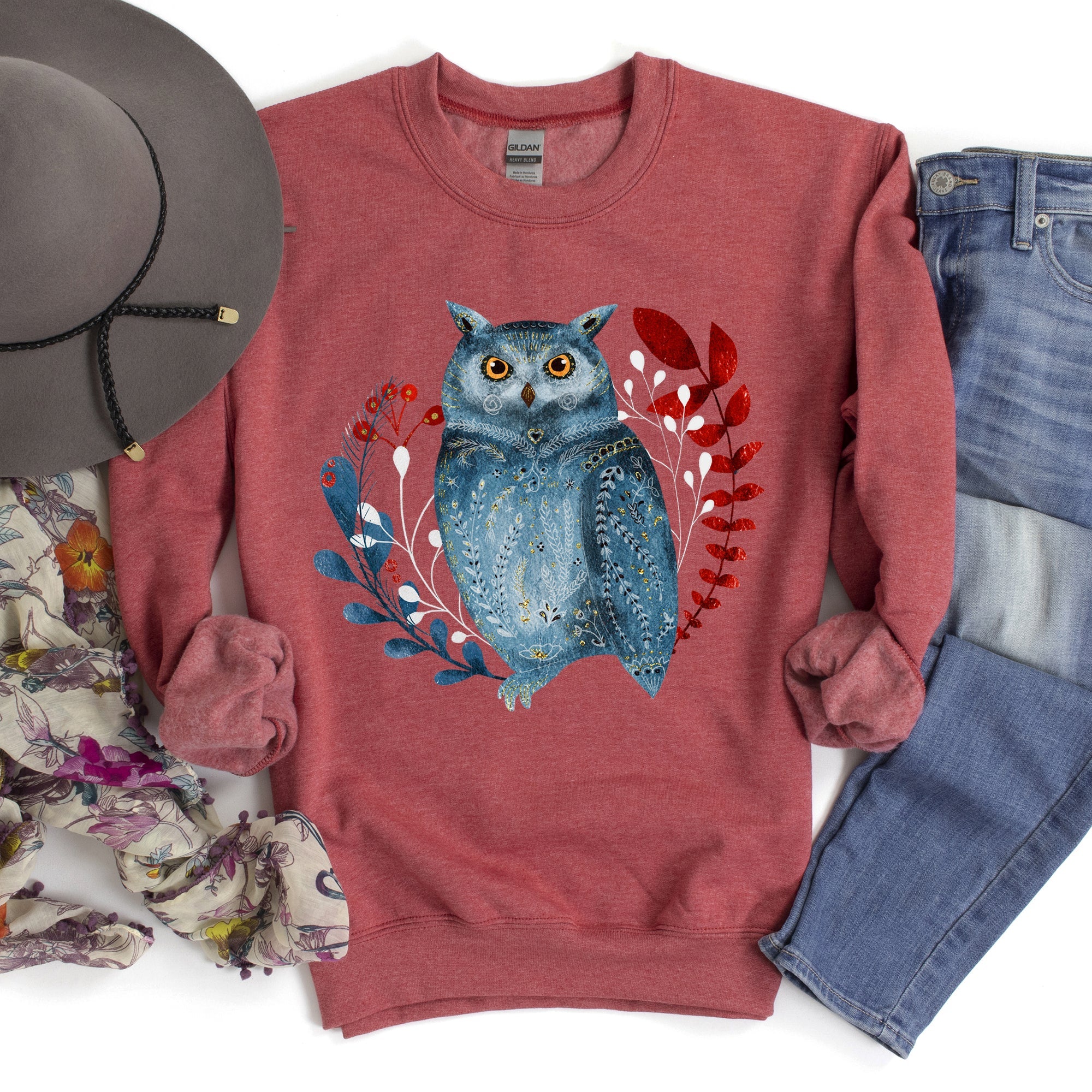 Owl Folk Art Scandinavian Inspired Winter Christmas Nordic Owl Design Sweatshirt