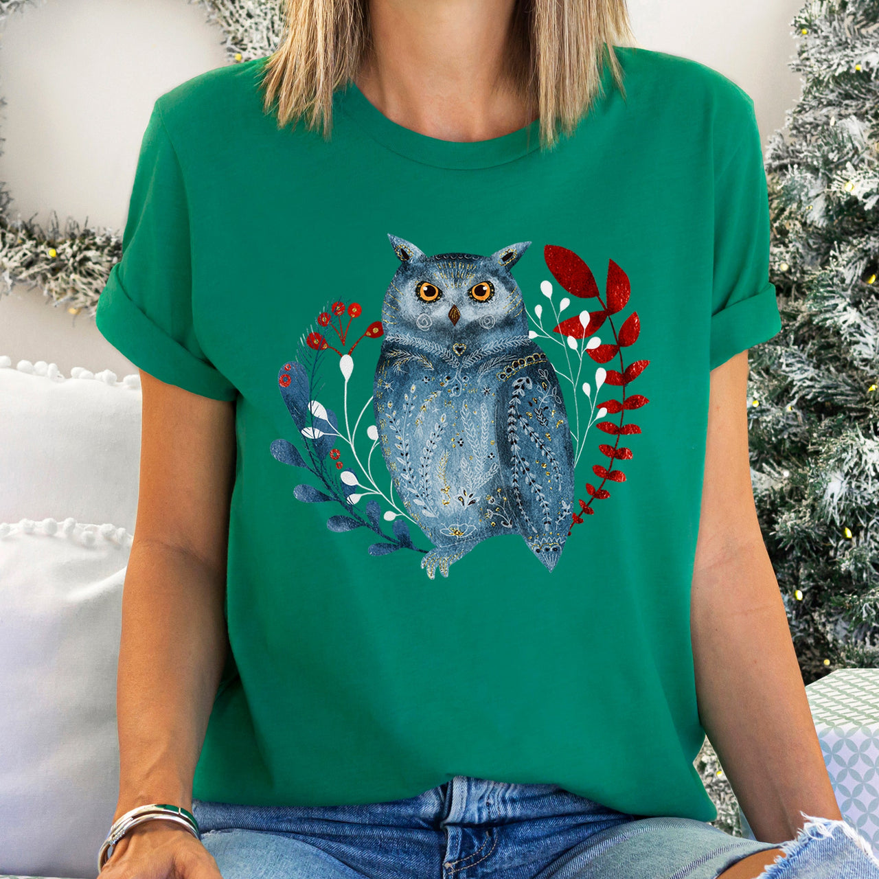 Owl Folk Art Scandinavian Winter Christmas Ornaments Scene Cozy Vintage Graphic Tee