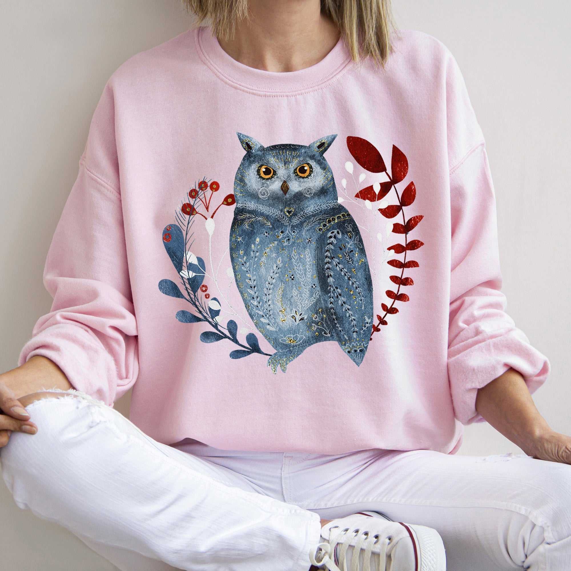 Owl Folk Art Scandinavian Inspired Winter Christmas Nordic Owl Design Sweatshirt