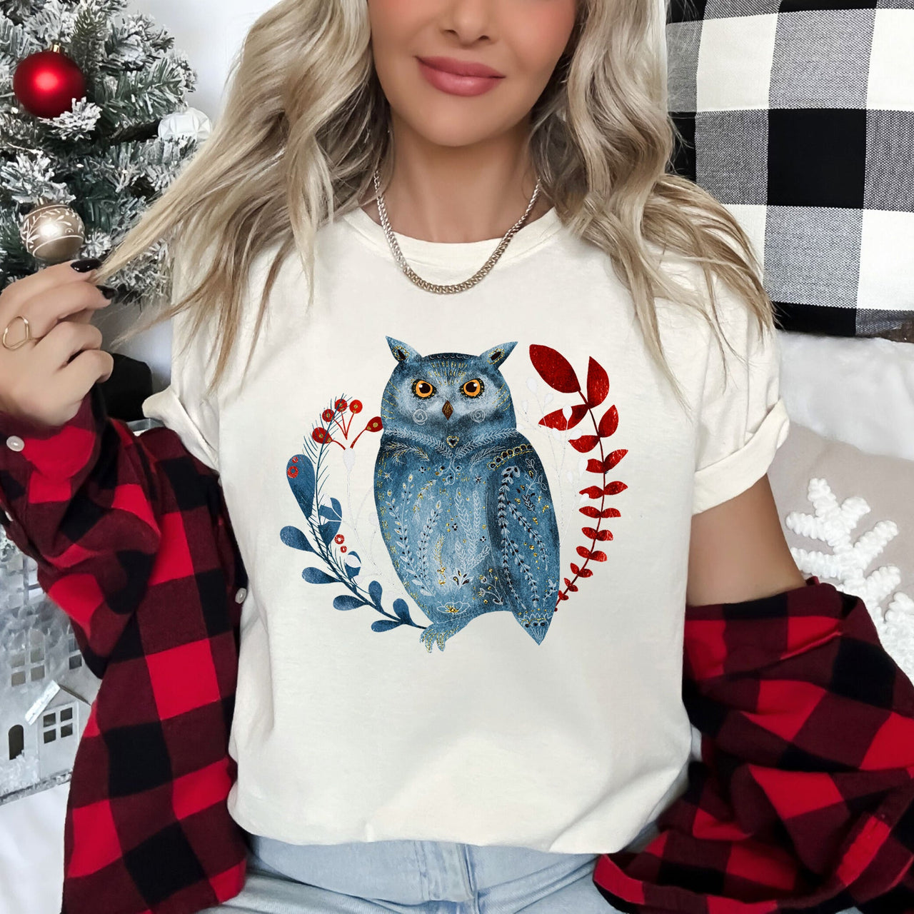 Owl Folk Art Scandinavian Winter Christmas Ornaments Scene Cozy Vintage Graphic Tee