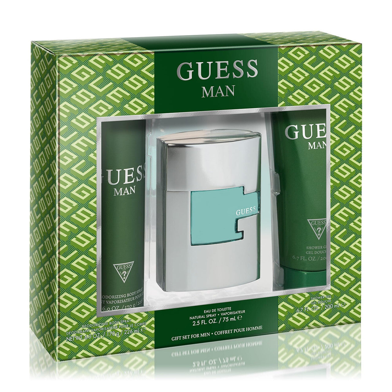 Guess 3 pcs set for men: 2.5 eau de toilette spray + 6 oz body spray + 6.7 shower gel.