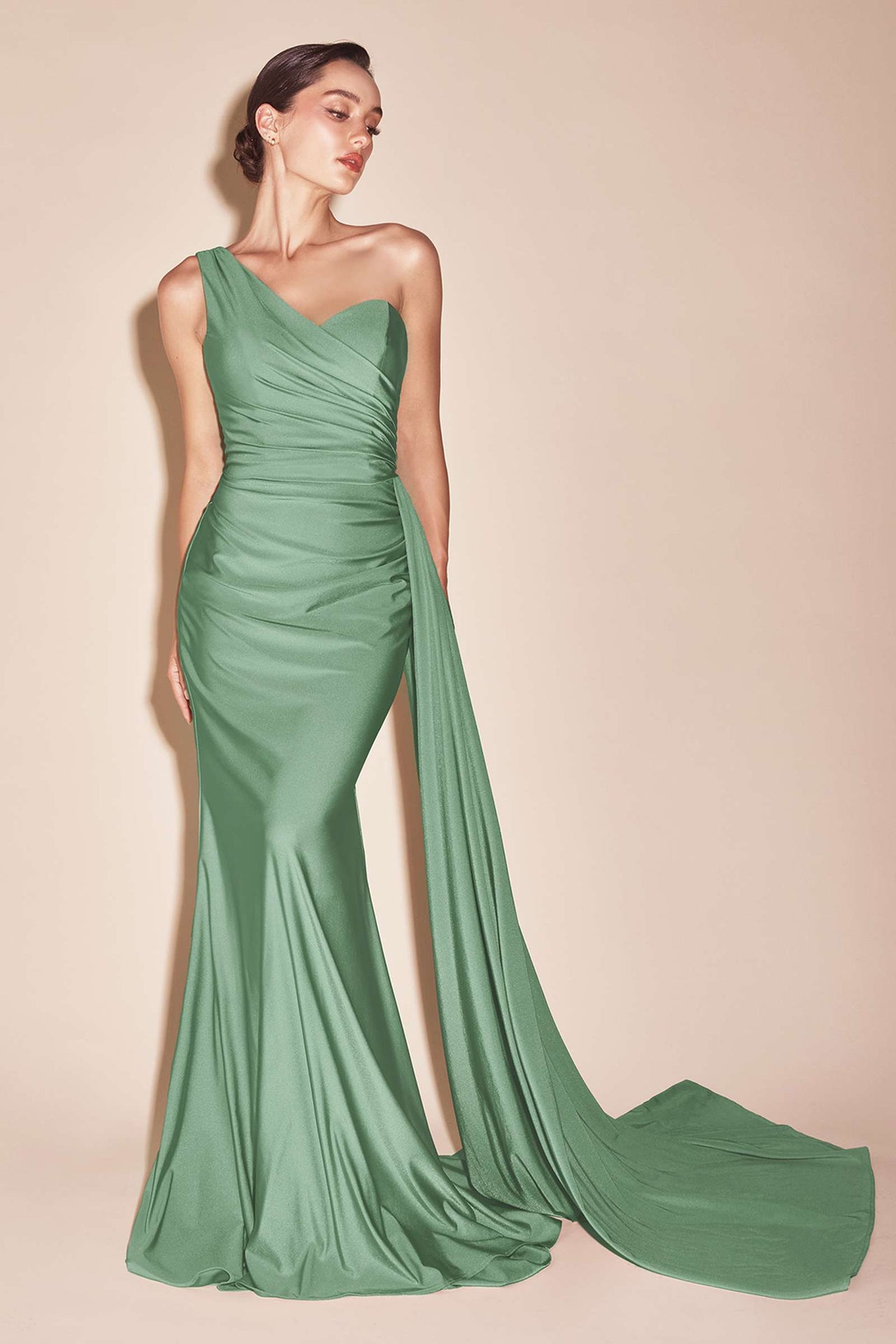 Ladivine PT004 Long Chic One Shoulder Stretch Satin Side Sash Gown