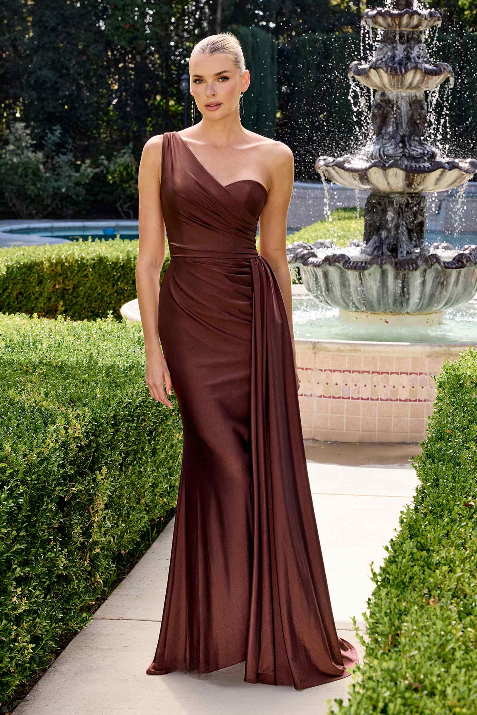 Ladivine PT004 Long Chic One Shoulder Stretch Satin Side Sash Gown