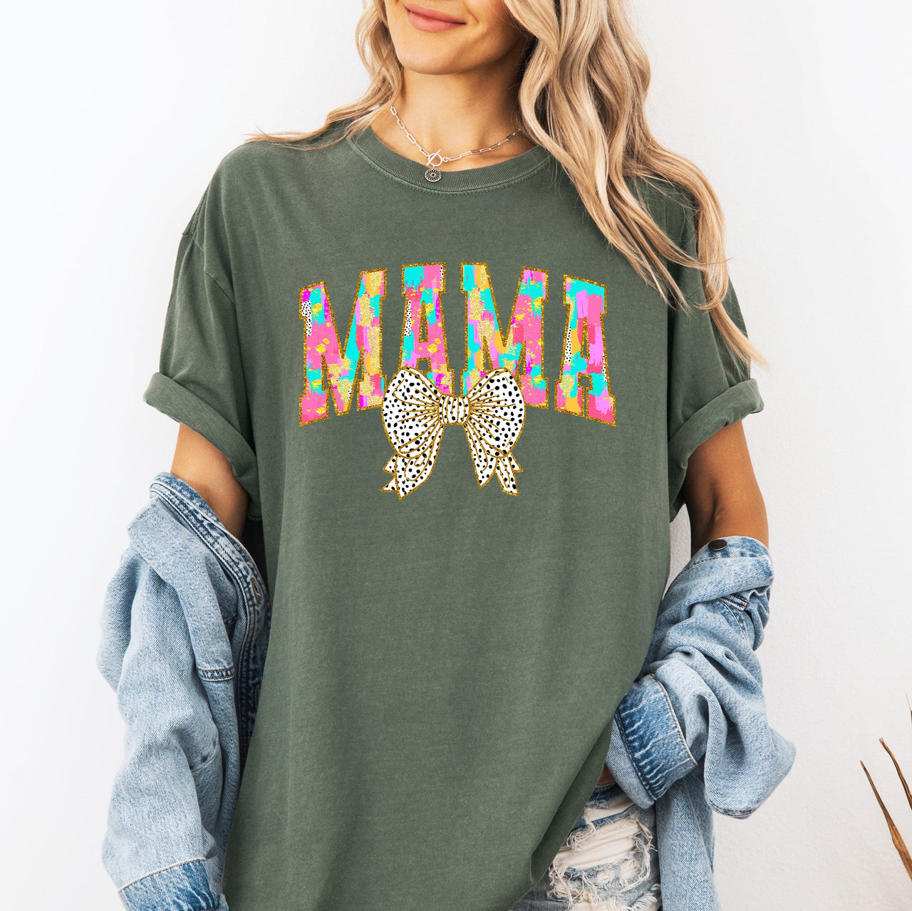 Painted Mama Dalmatian Print Bow Ribbon Coquette Mother's Day Design Comfort Colors Tee