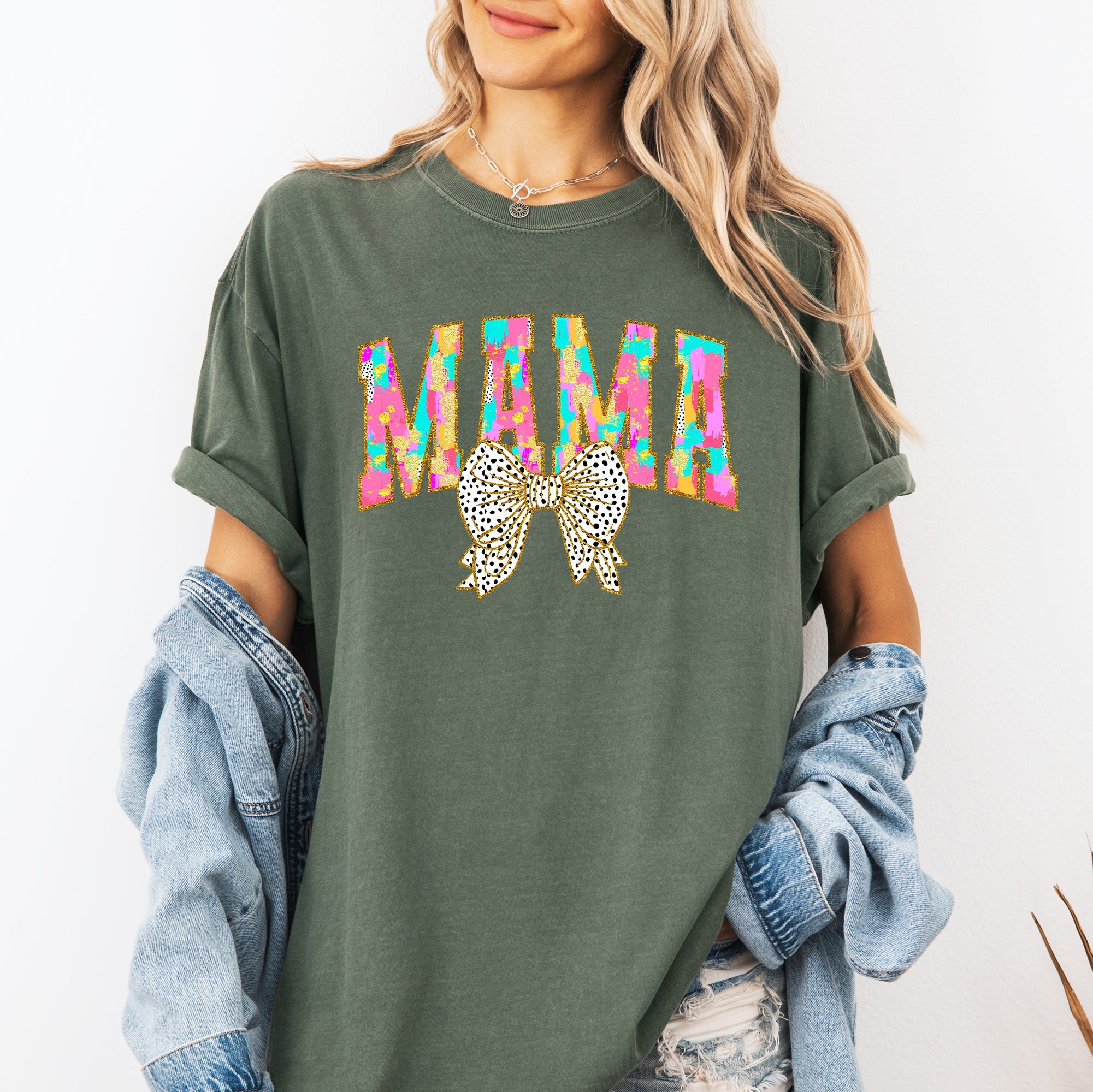 Painted Mama Dalmatian Print Bow Ribbon Coquette Mother's Day Design Comfort Colors Tee