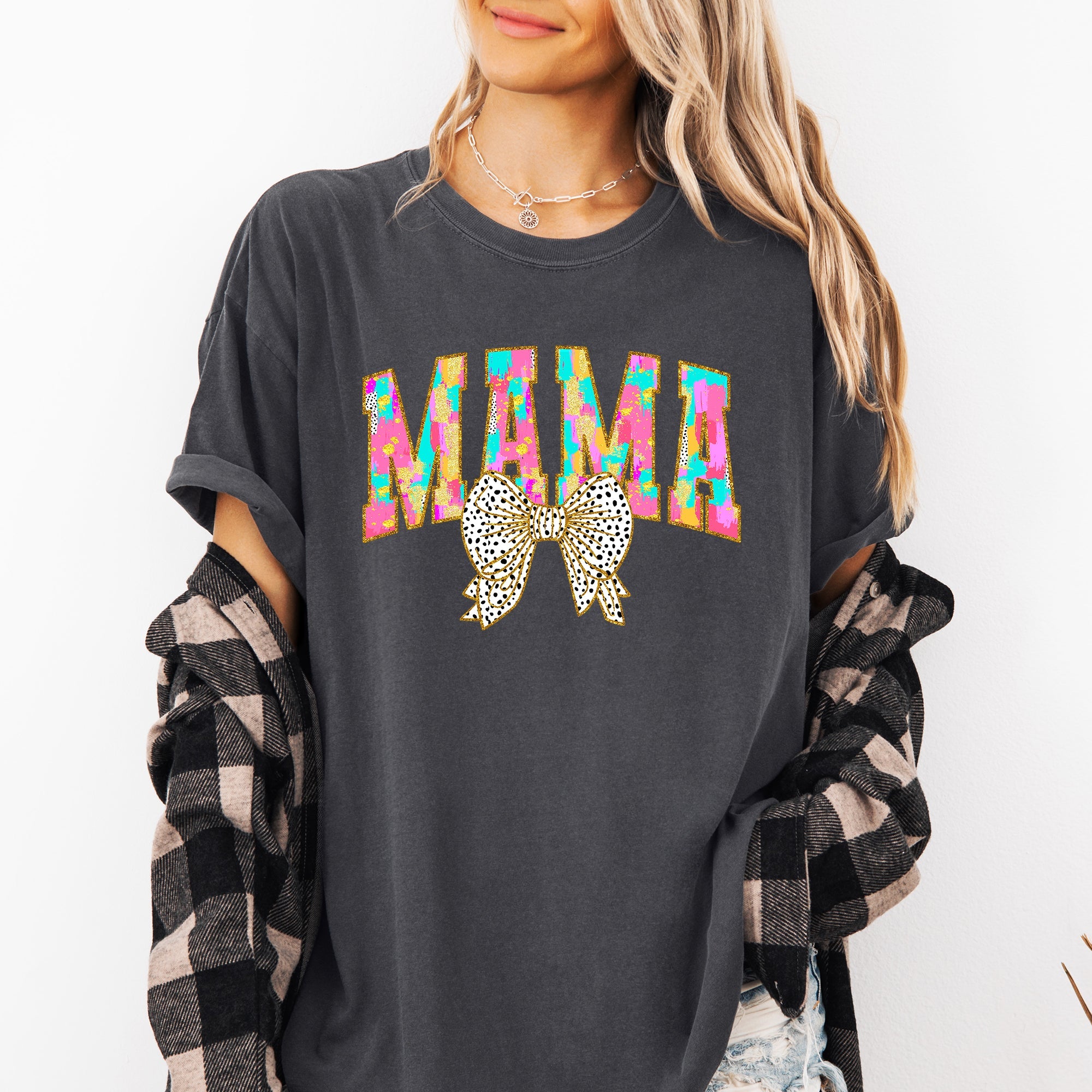 Painted Mama Dalmatian Print Bow Ribbon Coquette Mother's Day Design Comfort Colors Tee