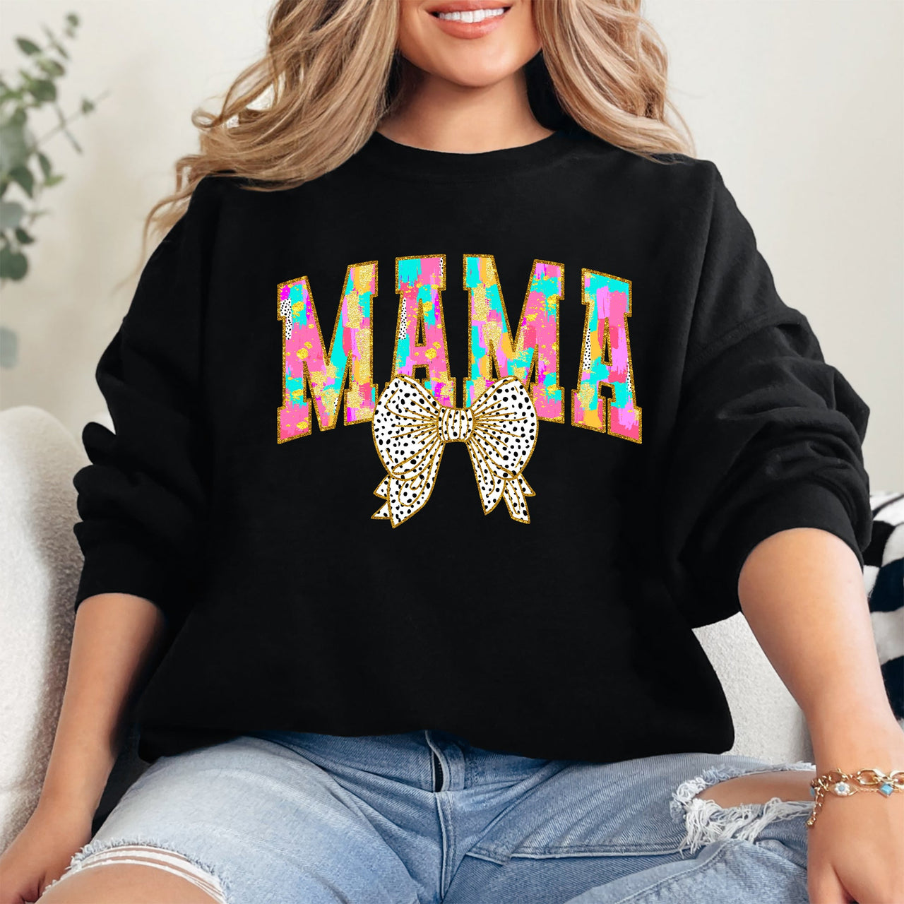 Painted Mama Dalmatian Print Bow Ribbon Coquette Mother's Day Cozy Warm Sweatshirt