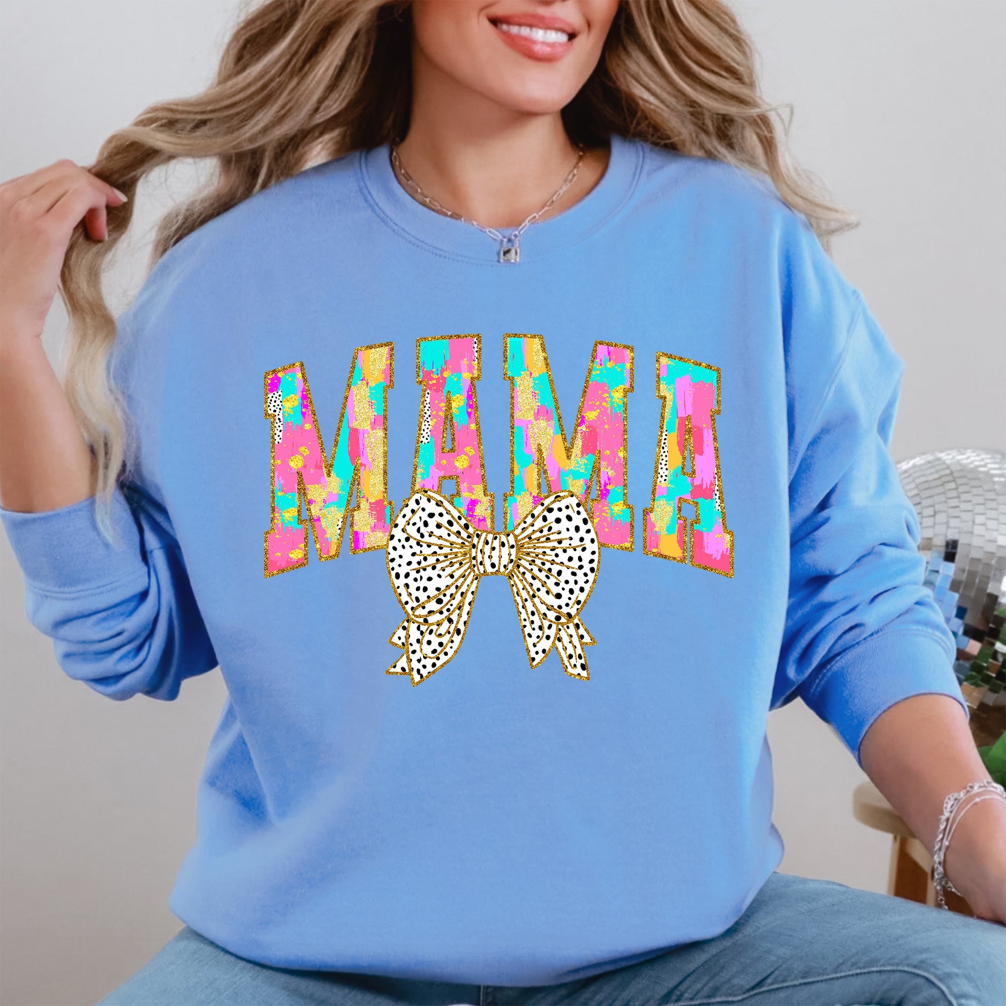 Painted Mama Dalmatian Print Bow Ribbon Coquette Mother's Day Cozy Warm Sweatshirt