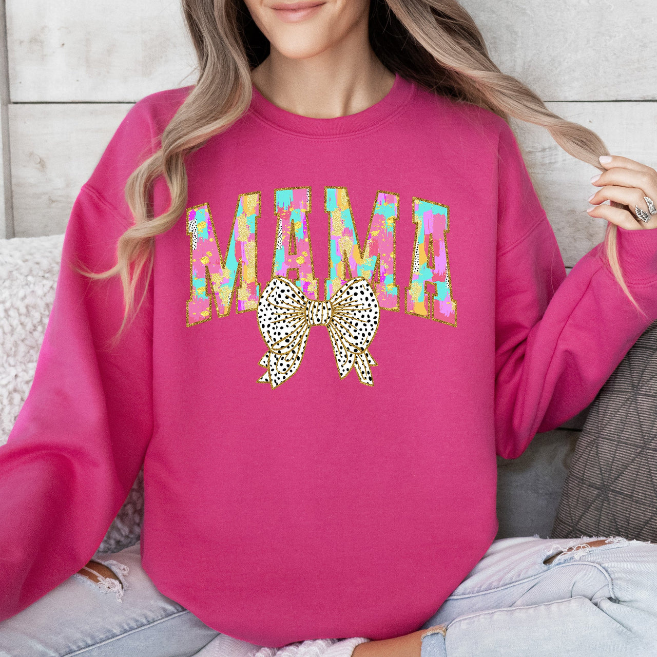 Painted Mama Dalmatian Print Bow Ribbon Coquette Mother's Day Cozy Warm Sweatshirt