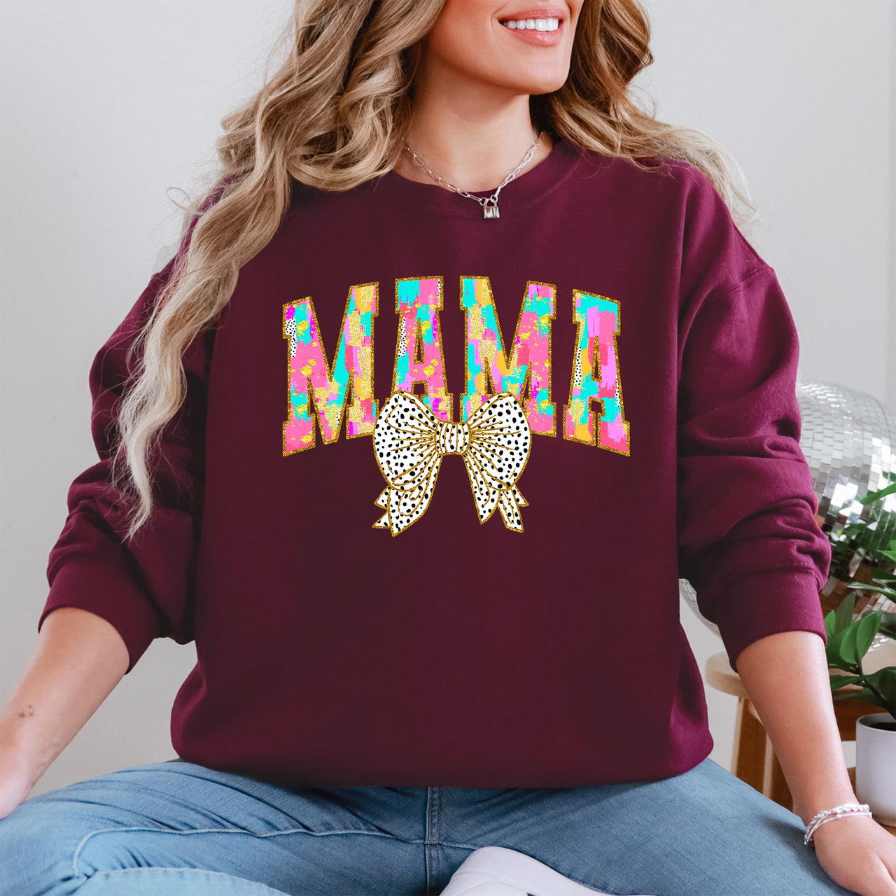 Painted Mama Dalmatian Print Bow Ribbon Coquette Mother's Day Cozy Warm Sweatshirt