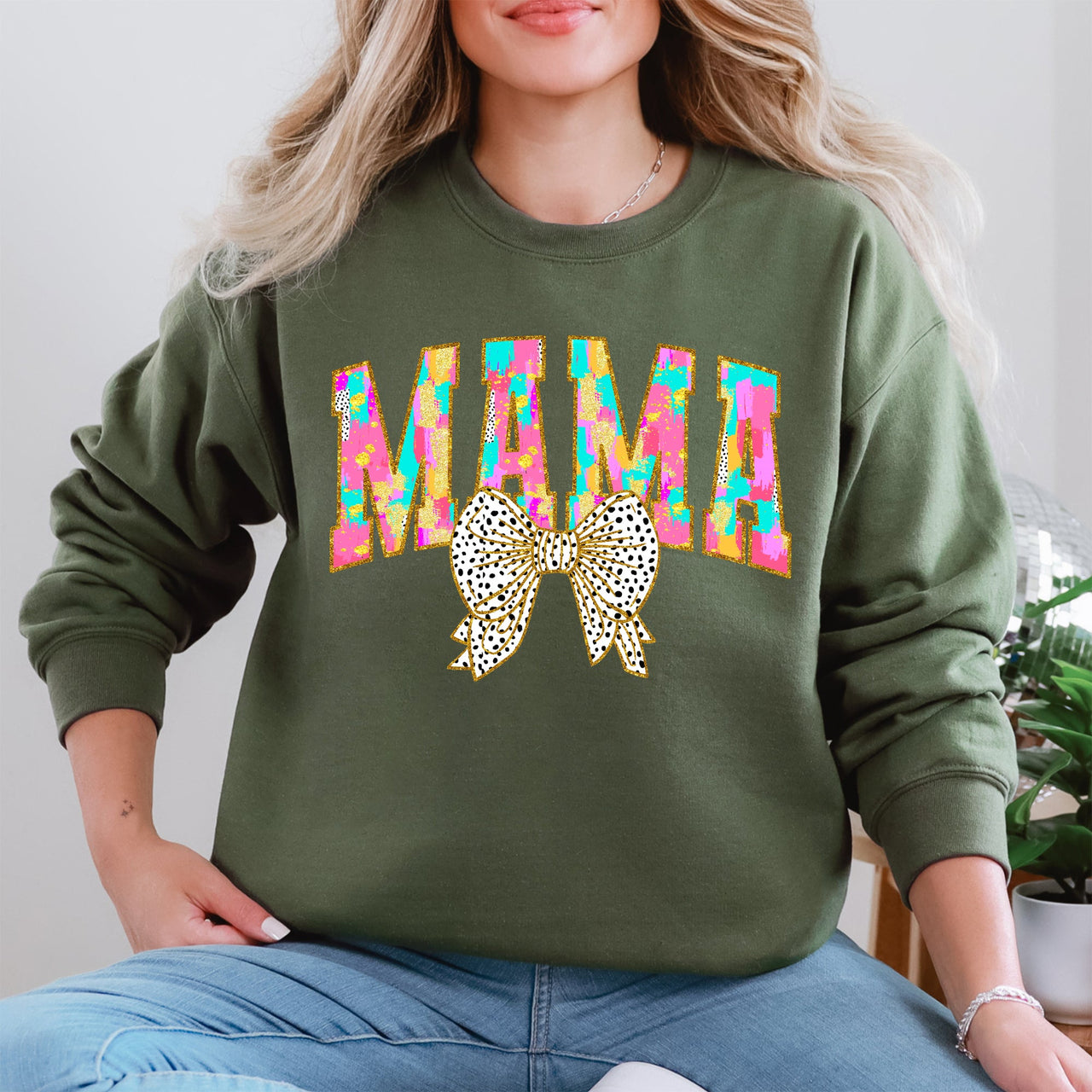 Painted Mama Dalmatian Print Bow Ribbon Coquette Mother's Day Cozy Warm Sweatshirt
