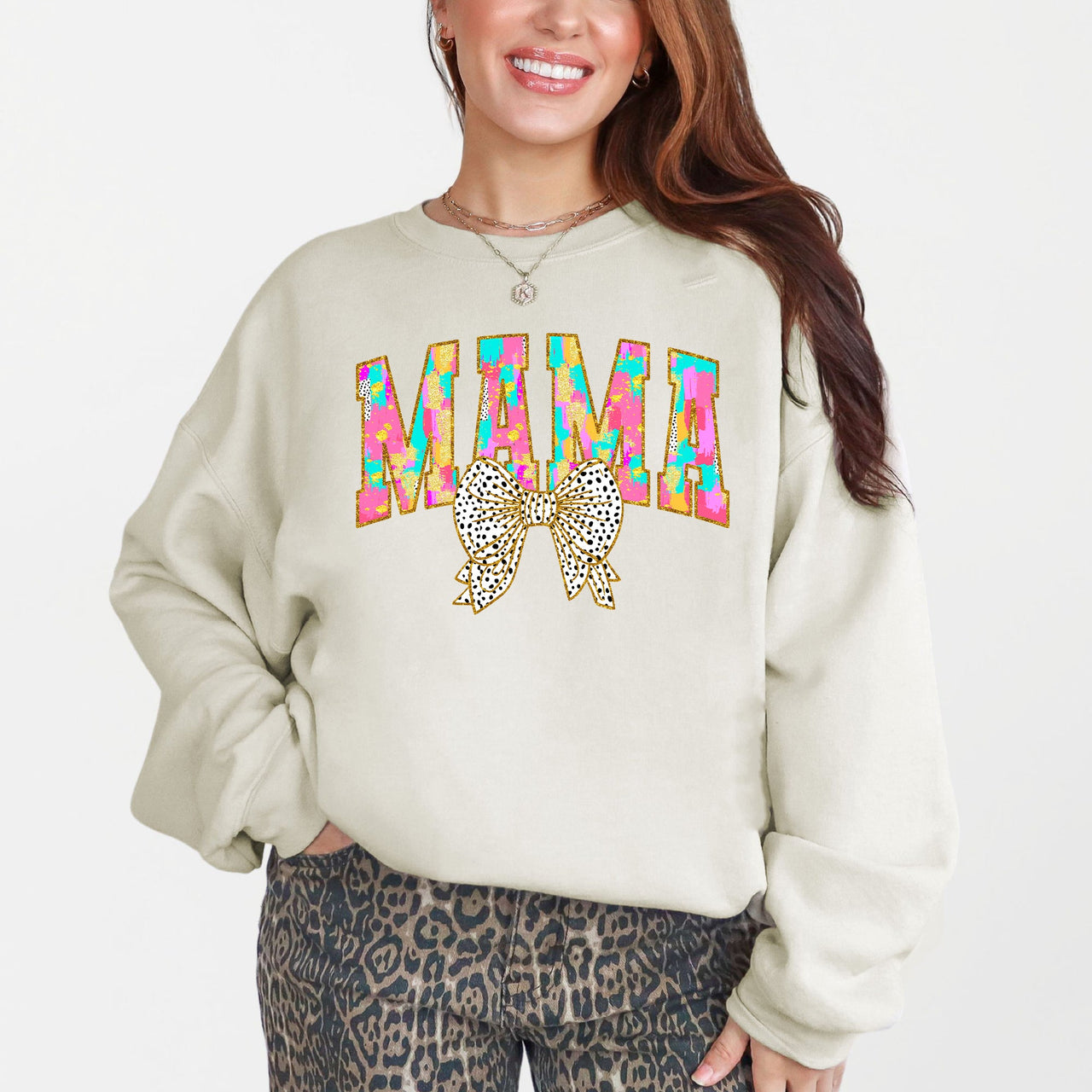 Painted Mama Dalmatian Print Bow Ribbon Coquette Mother's Day Cozy Warm Sweatshirt