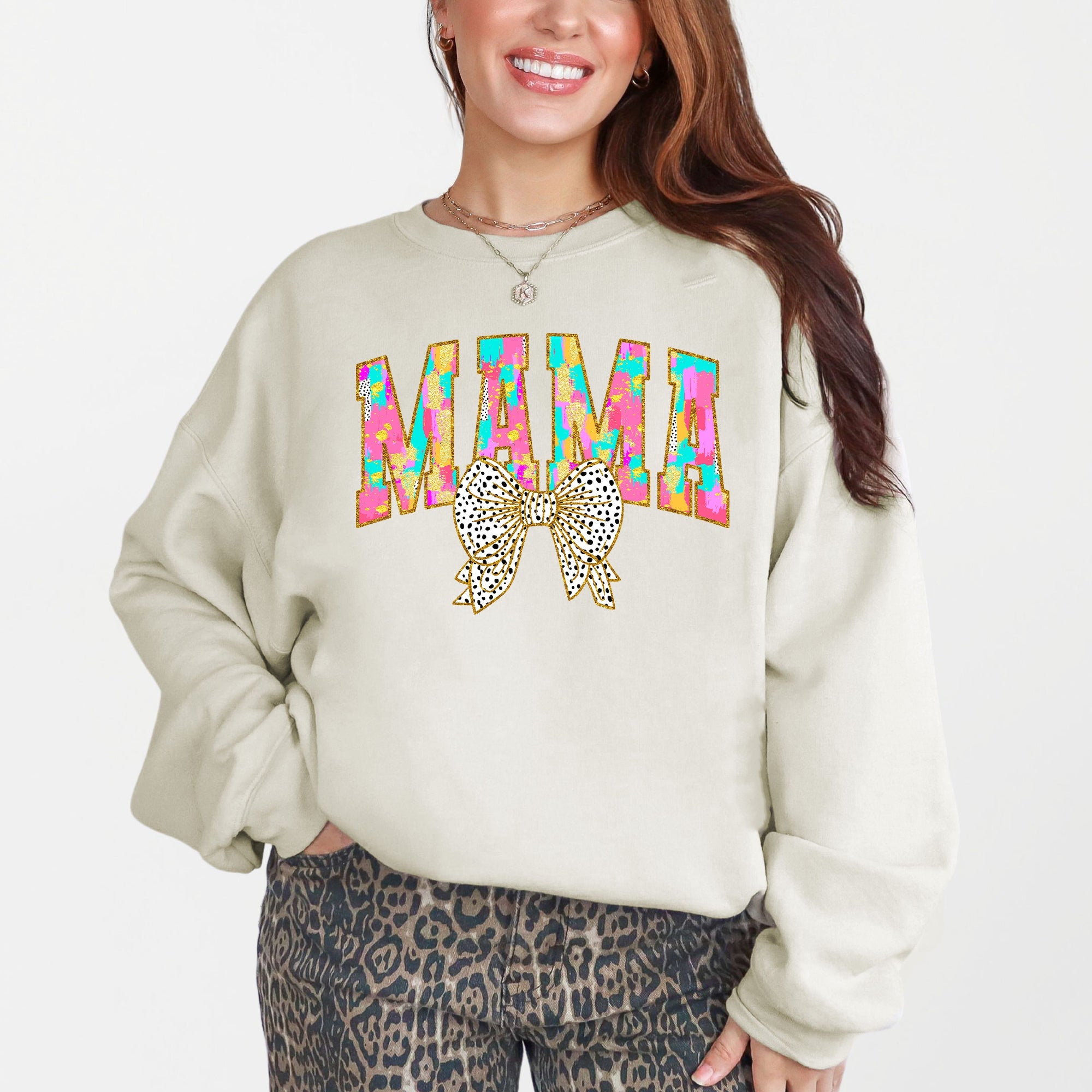 Painted Mama Dalmatian Print Bow Ribbon Coquette Mother's Day Cozy Warm Sweatshirt