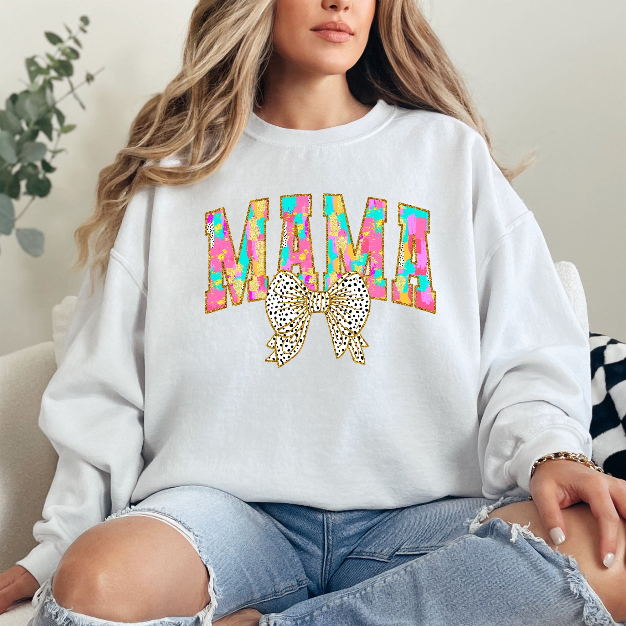 Painted Mama Dalmatian Print Bow Ribbon Coquette Mother's Day Cozy Warm Sweatshirt