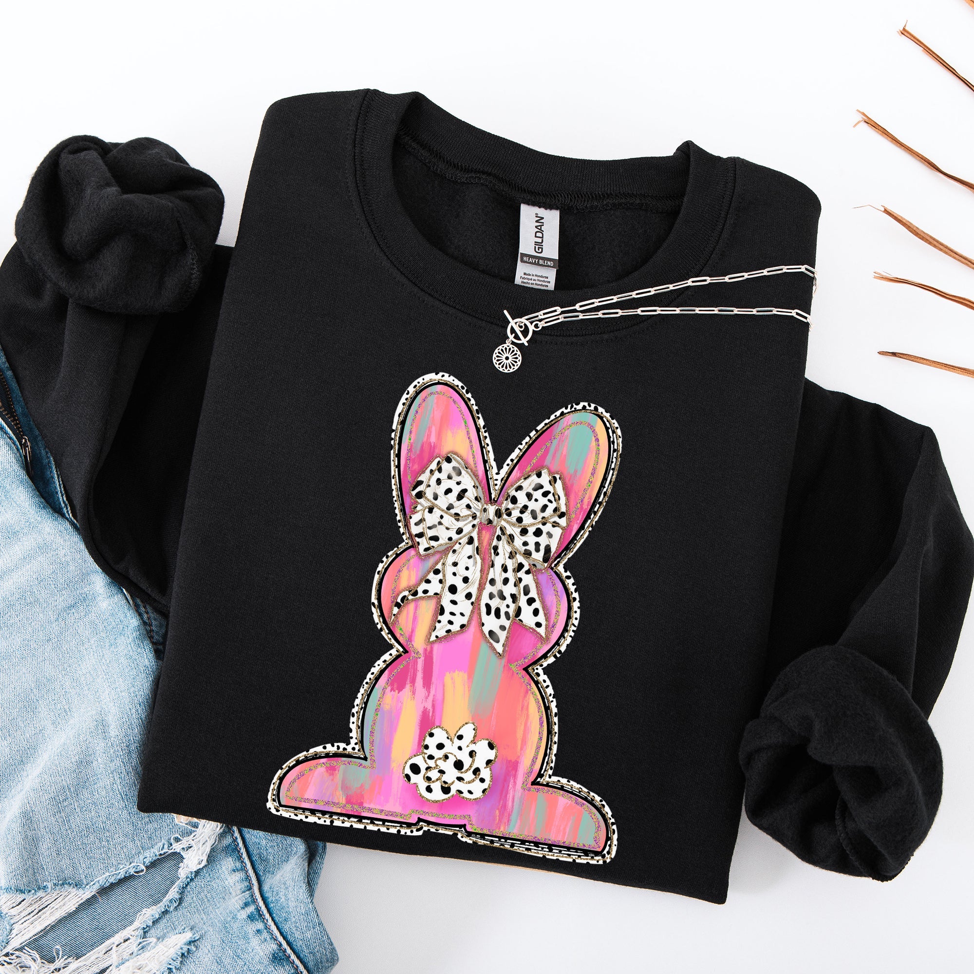 Painted Colorful Dalmatian Print Easter Bunny Jesus Rabbit Holiday Theme Graphic Art Sweatshirt