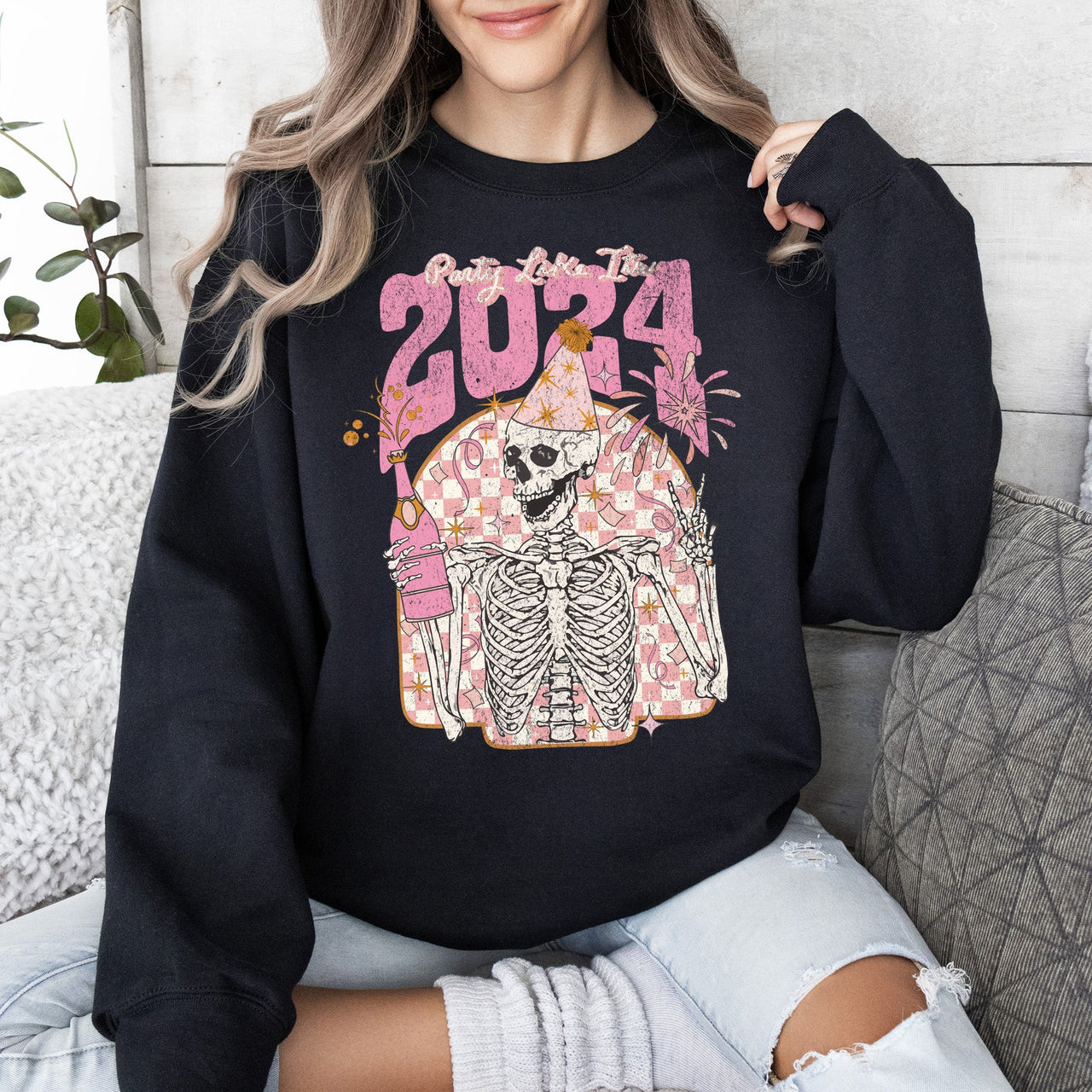 Party Like It's 2024 Skeleton New Year's Celebration Edition Premium Sweatshirt