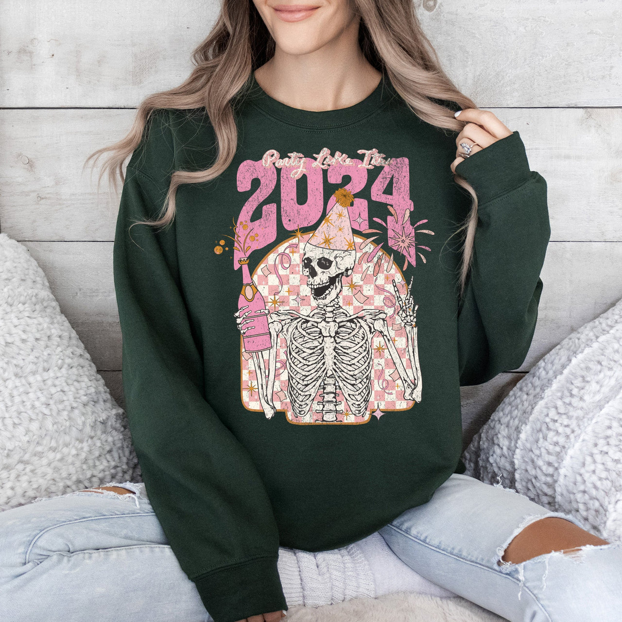 Party Like It's 2024 Skeleton New Year's Celebration Edition Premium Sweatshirt