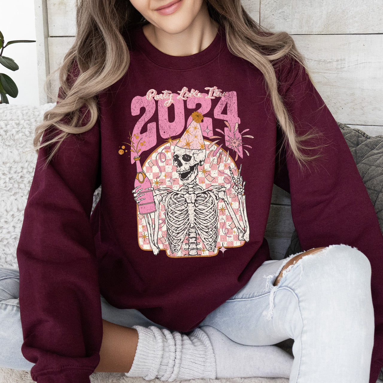 Party Like It's 2024 Skeleton New Year's Celebration Edition Premium Sweatshirt