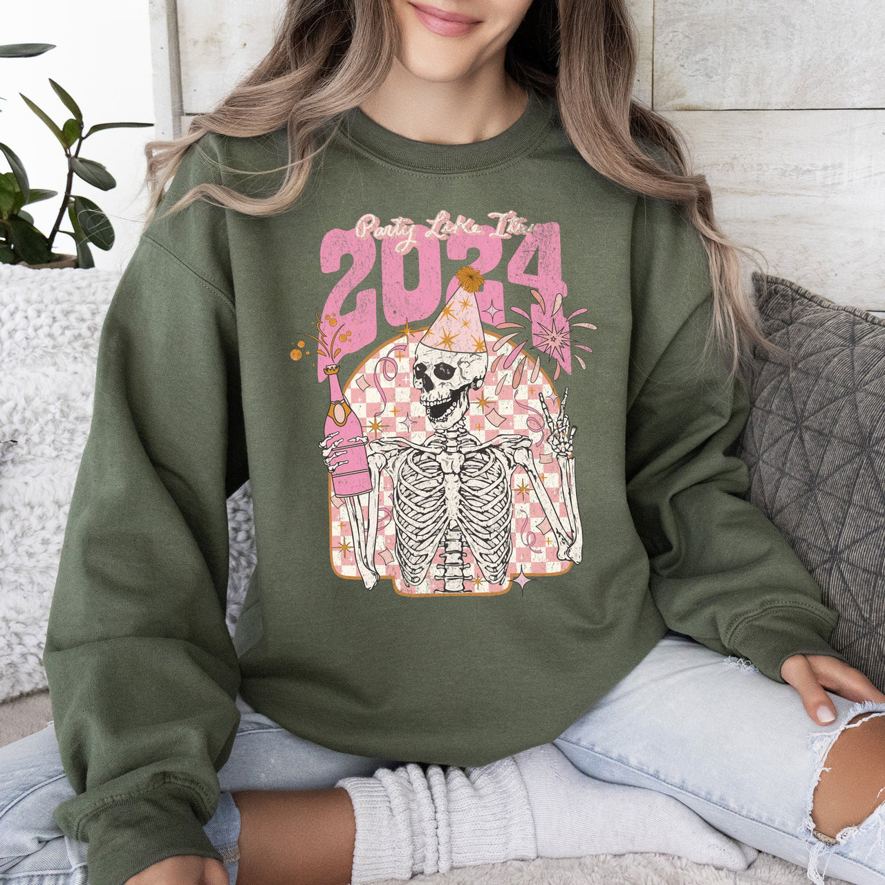 Party Like It's 2024 Skeleton New Year's Celebration Edition Premium Sweatshirt