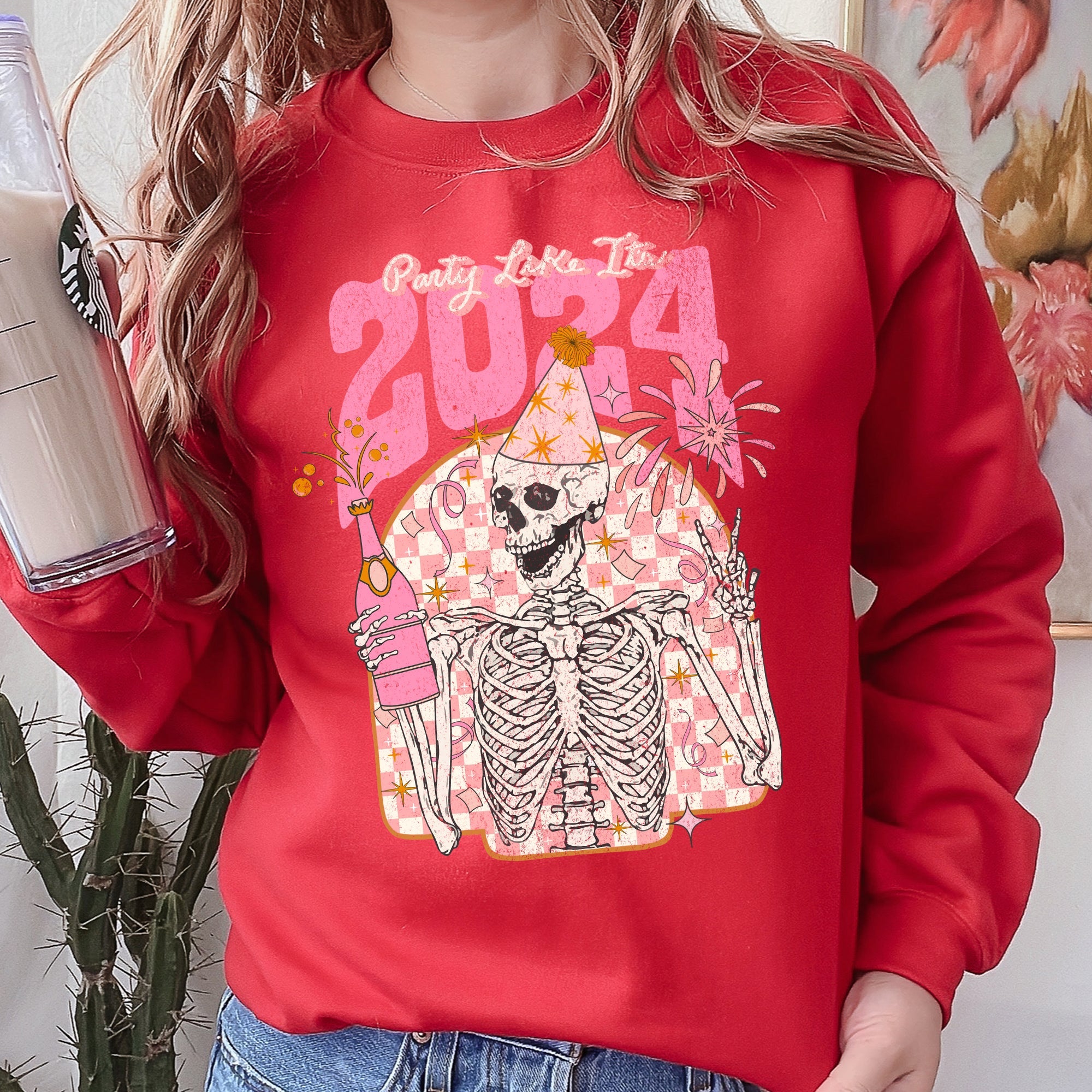 Party Like It's 2024 Skeleton New Year's Celebration Edition Premium Sweatshirt