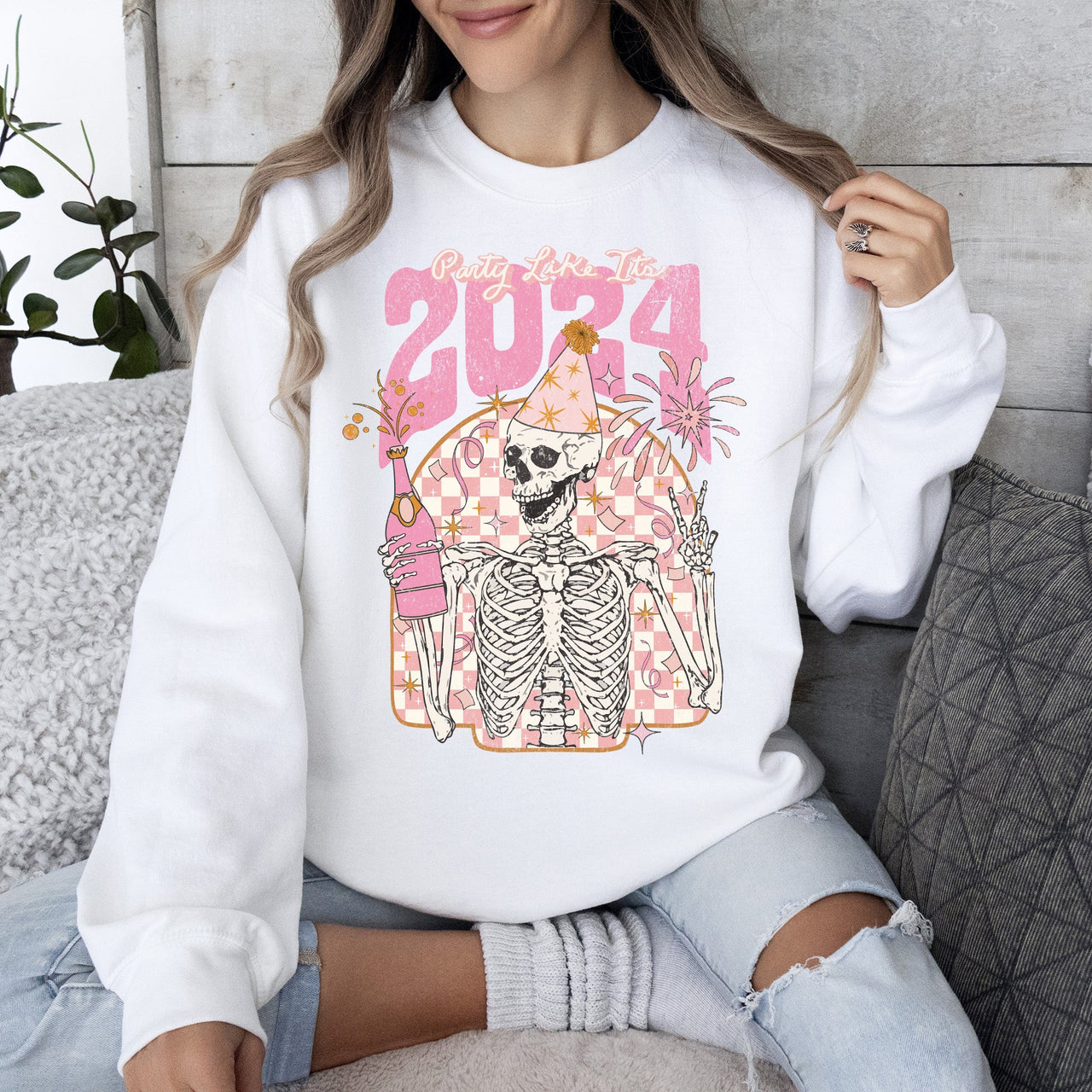 Party Like It's 2024 Skeleton New Year's Celebration Edition Premium Sweatshirt