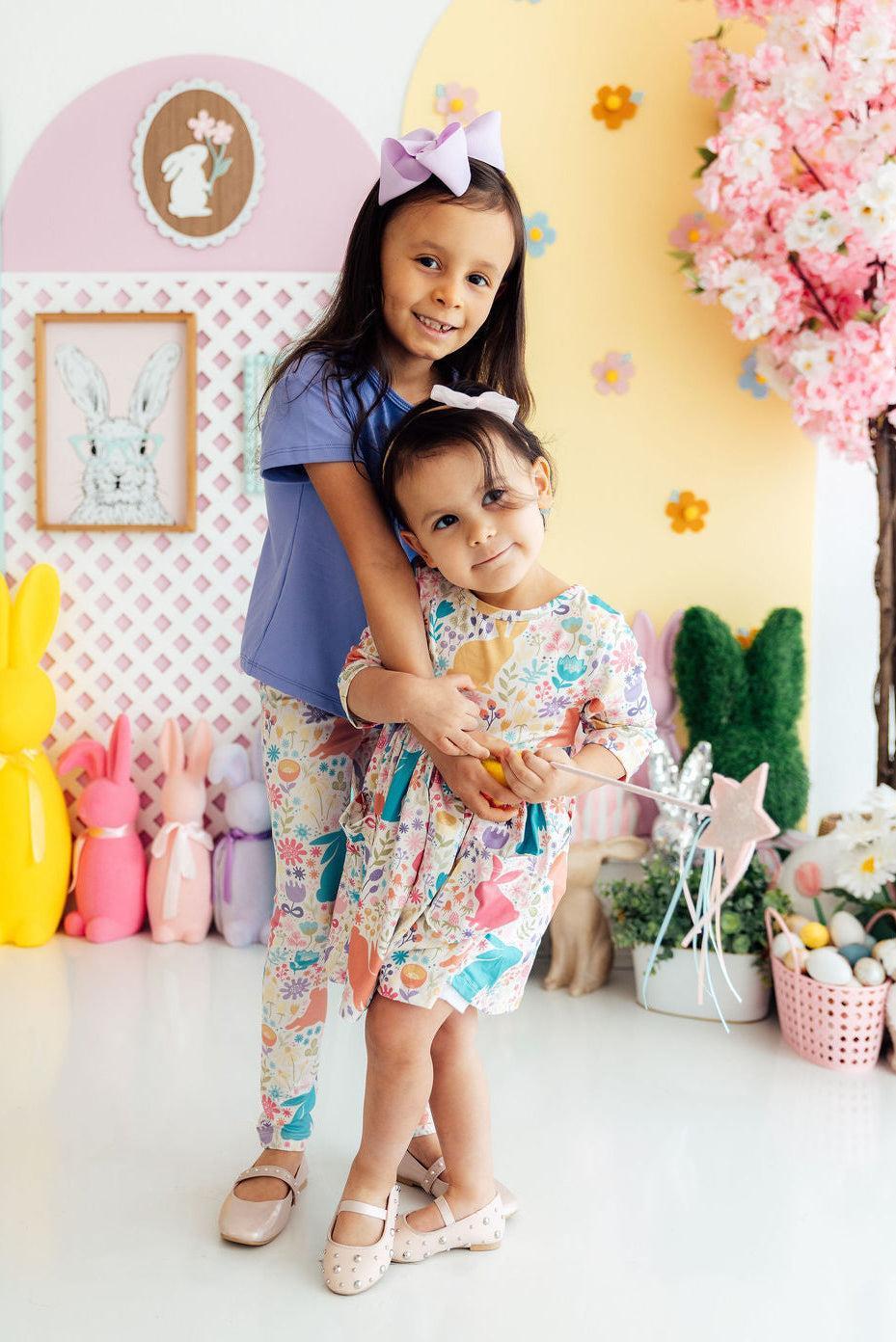Pastel Floral Bunnies 3/4 Sleeve Pocket Twirl Dress