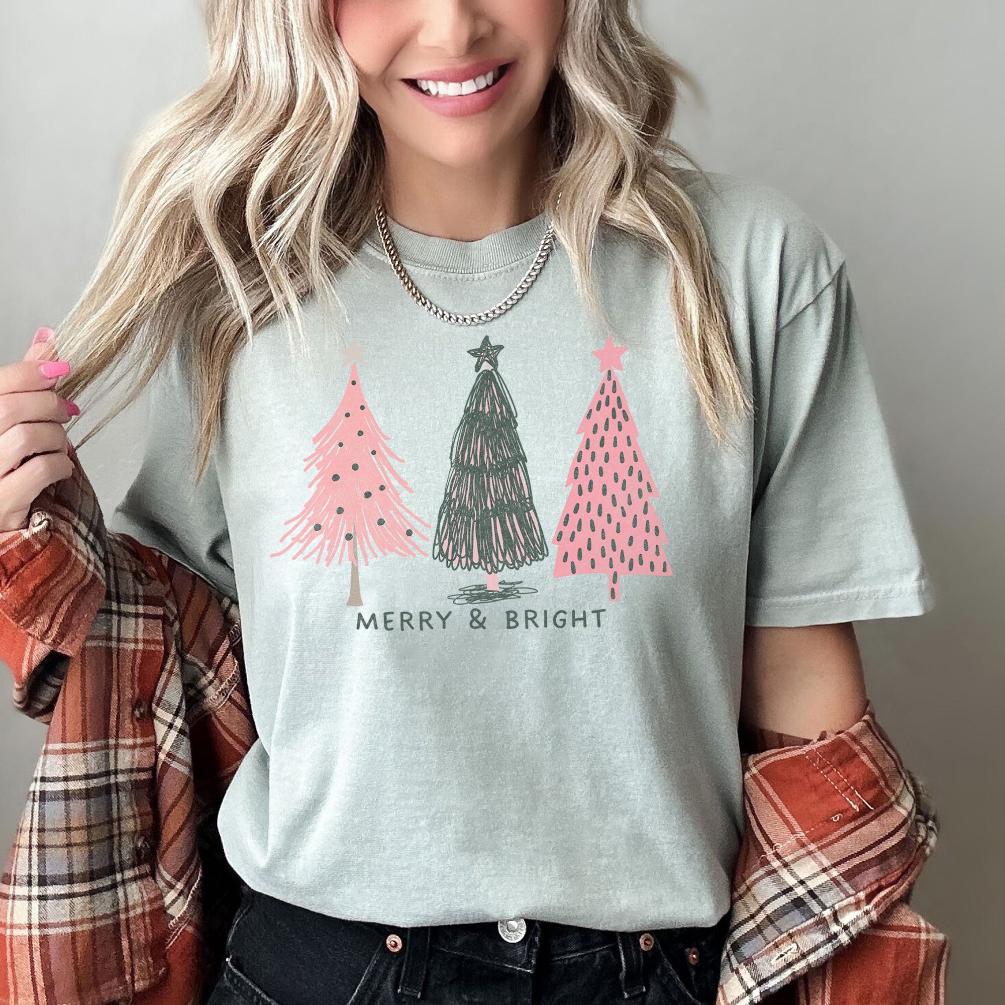 Pastel Christmas Trees, Merry And Bright Holiday Edition Exclusive Comfort Colors Tee