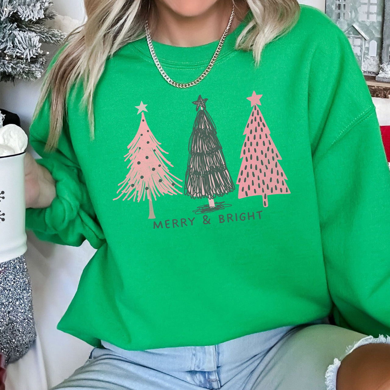 Pastel Christmas Trees Merry And Bright Holiday Print Ultra Cozy Fleece Sweatshirt