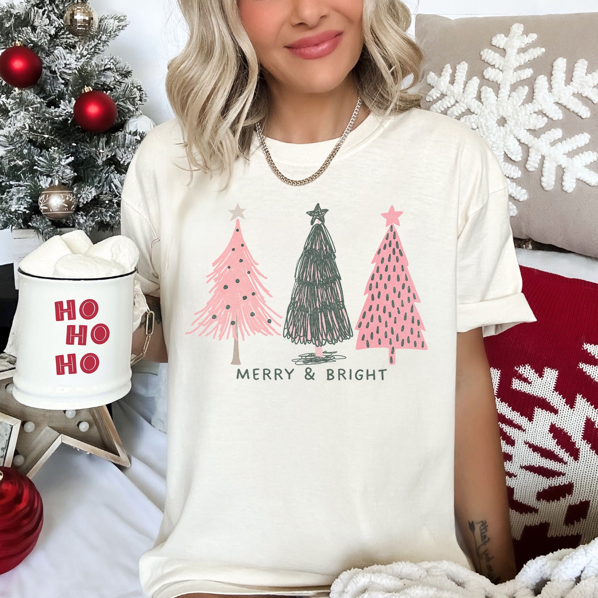 Pastel Christmas Trees, Merry And Bright Holiday Edition Exclusive Comfort Colors Tee