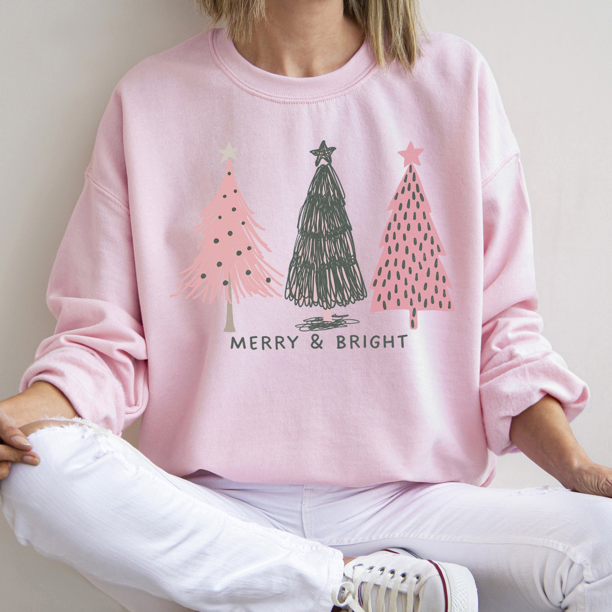 Pastel Christmas Trees Merry And Bright Holiday Print Ultra Cozy Fleece Sweatshirt