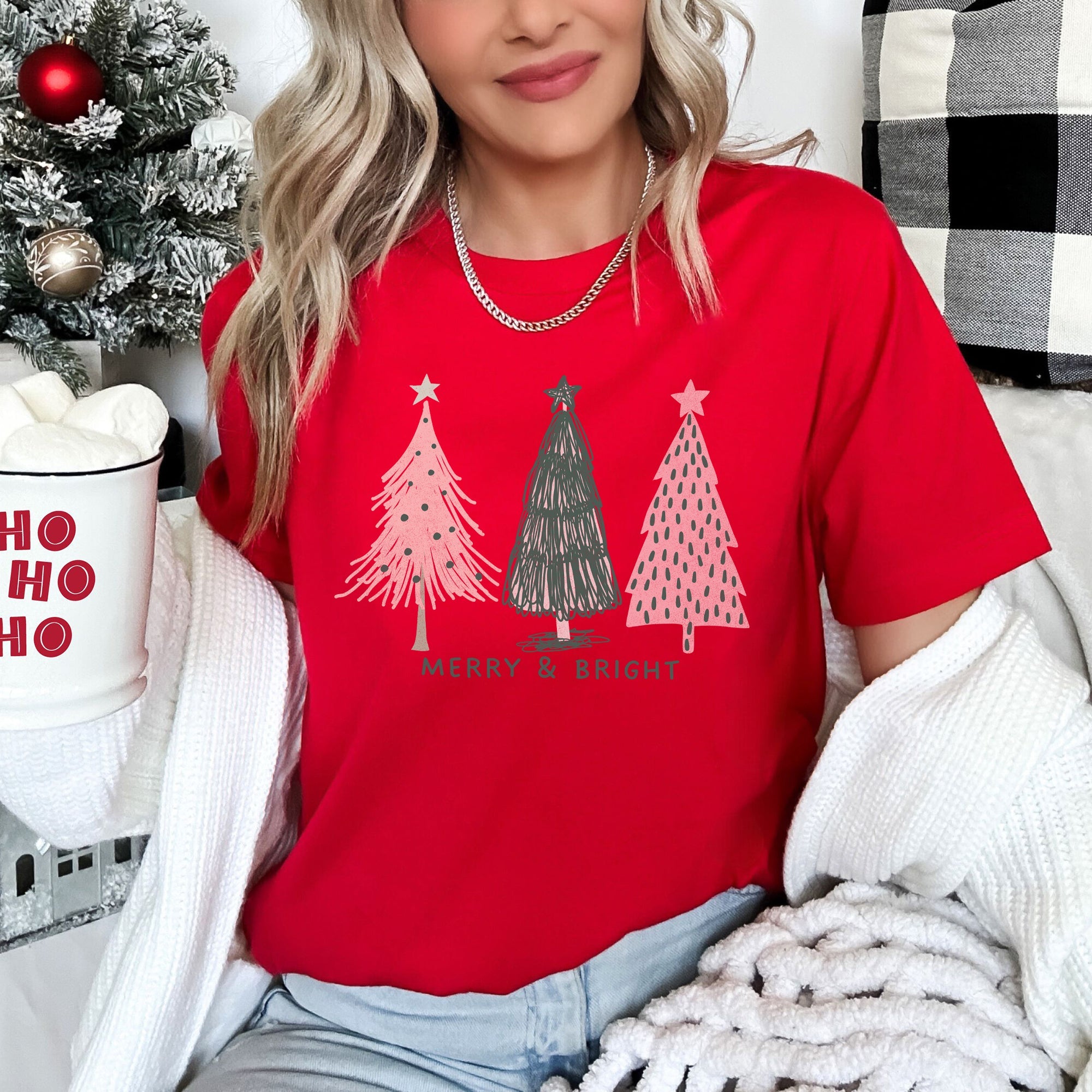 Pastel Christmas Trees Merry And Bright Pink And Green Festive Holiday Graphic Tee