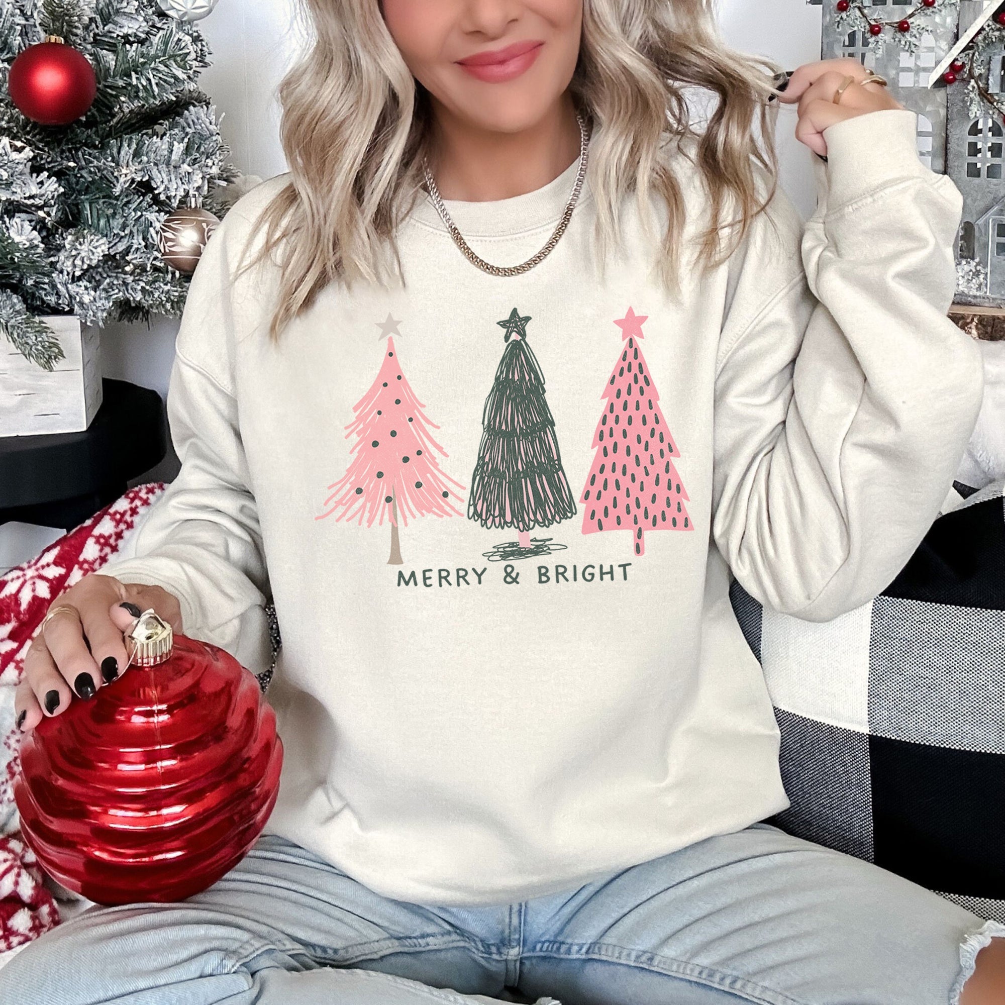 Pastel Christmas Trees Merry And Bright Holiday Print Ultra Cozy Fleece Sweatshirt