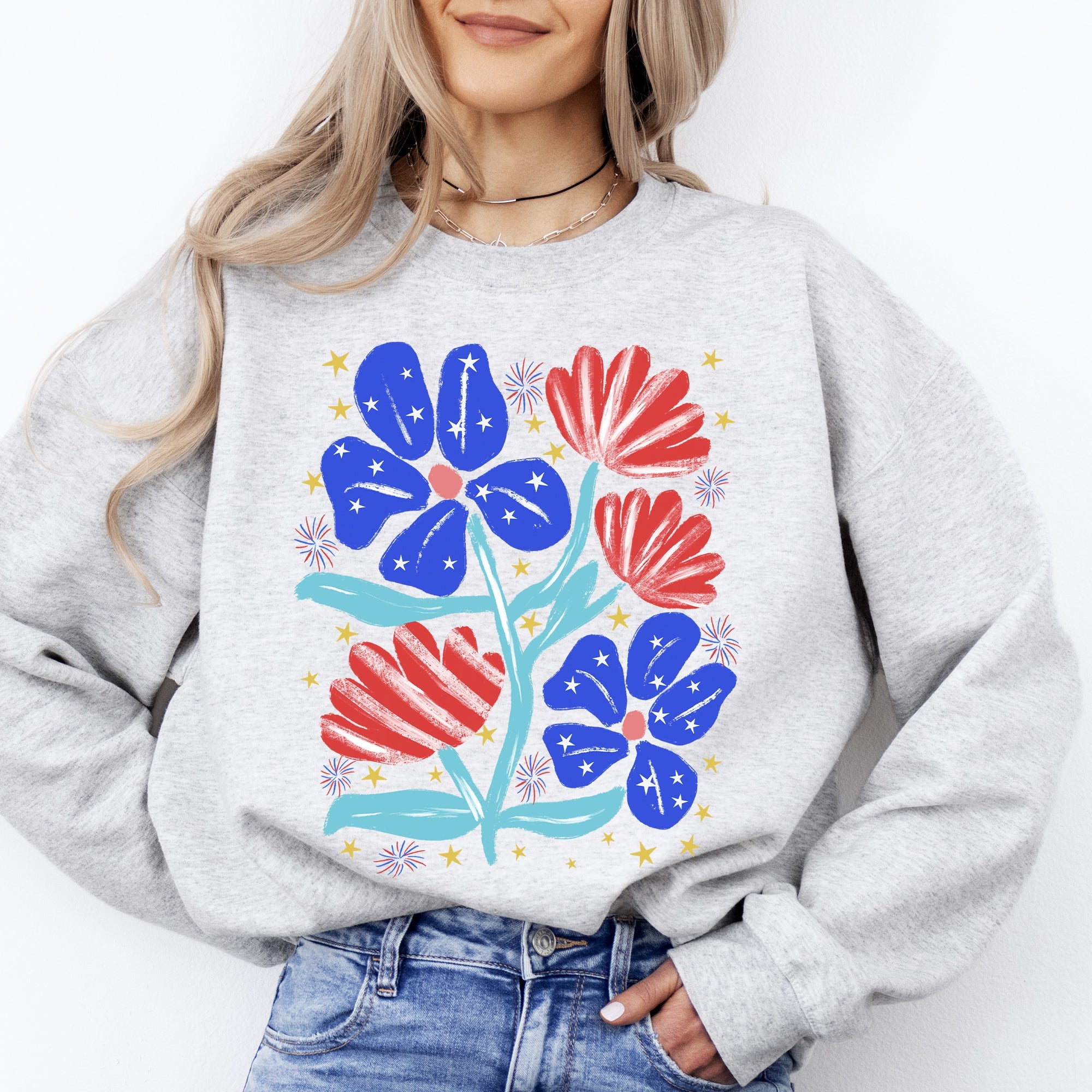 Patriotic Flowers Red White Blue USA 4th Of July Pride Flag Inspired Edition Sweatshirt