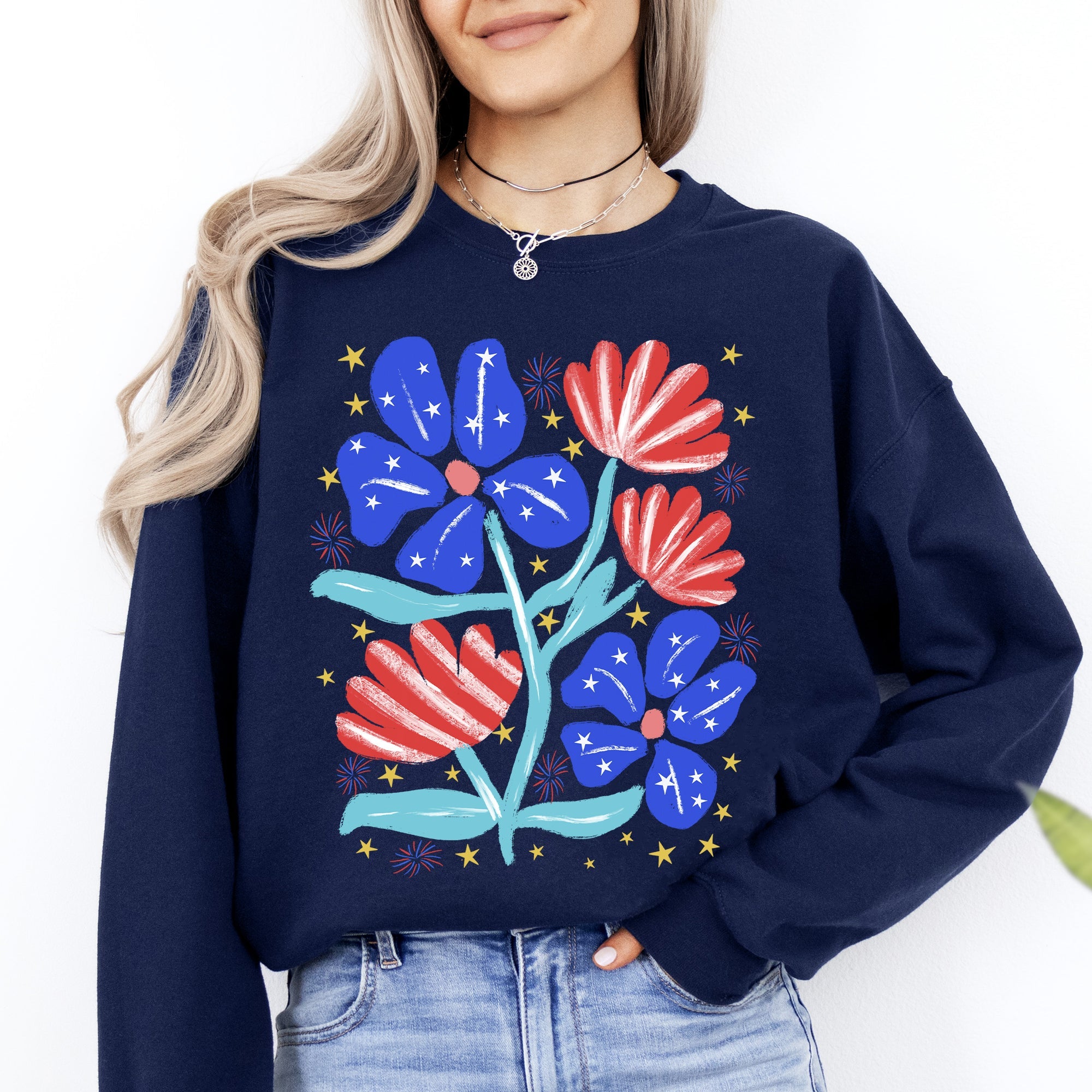Patriotic Flowers Red White Blue USA 4th Of July Pride Flag Inspired Edition Sweatshirt