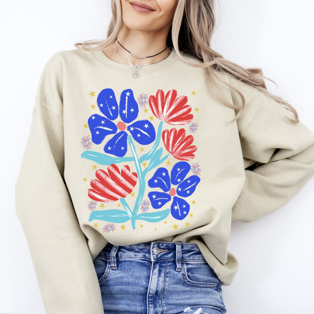 Patriotic Flowers Red White Blue USA 4th Of July Pride Flag Inspired Edition Sweatshirt