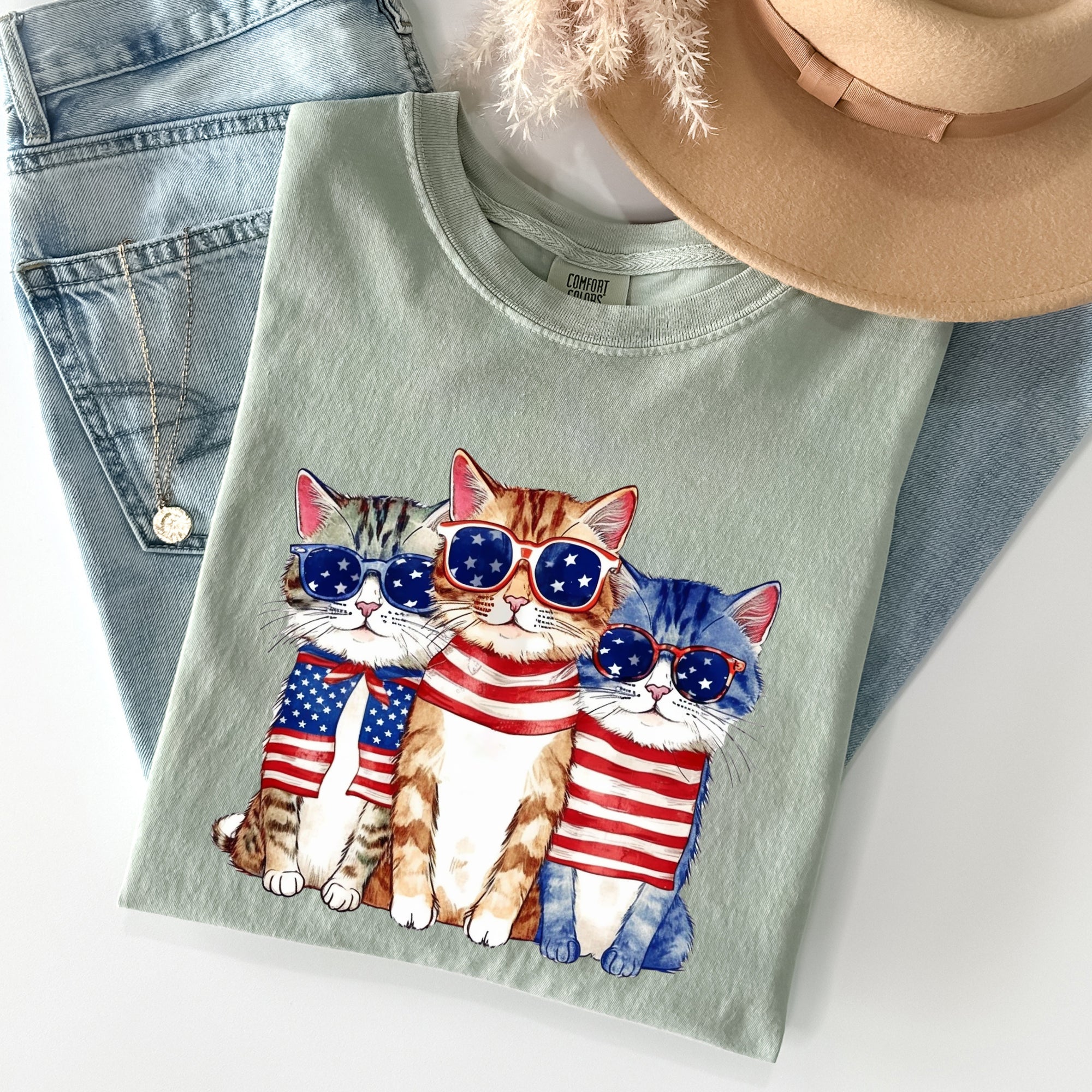 Patriotic Hippie Cats Peace Sign Edition For Americana Lovers Comfort Colors Tee