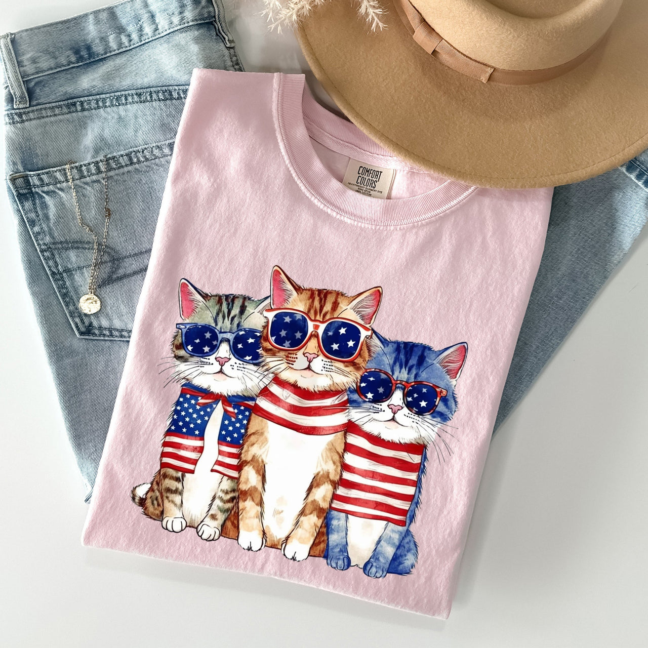 Patriotic Hippie Cats Peace Sign Edition For Americana Lovers Comfort Colors Tee