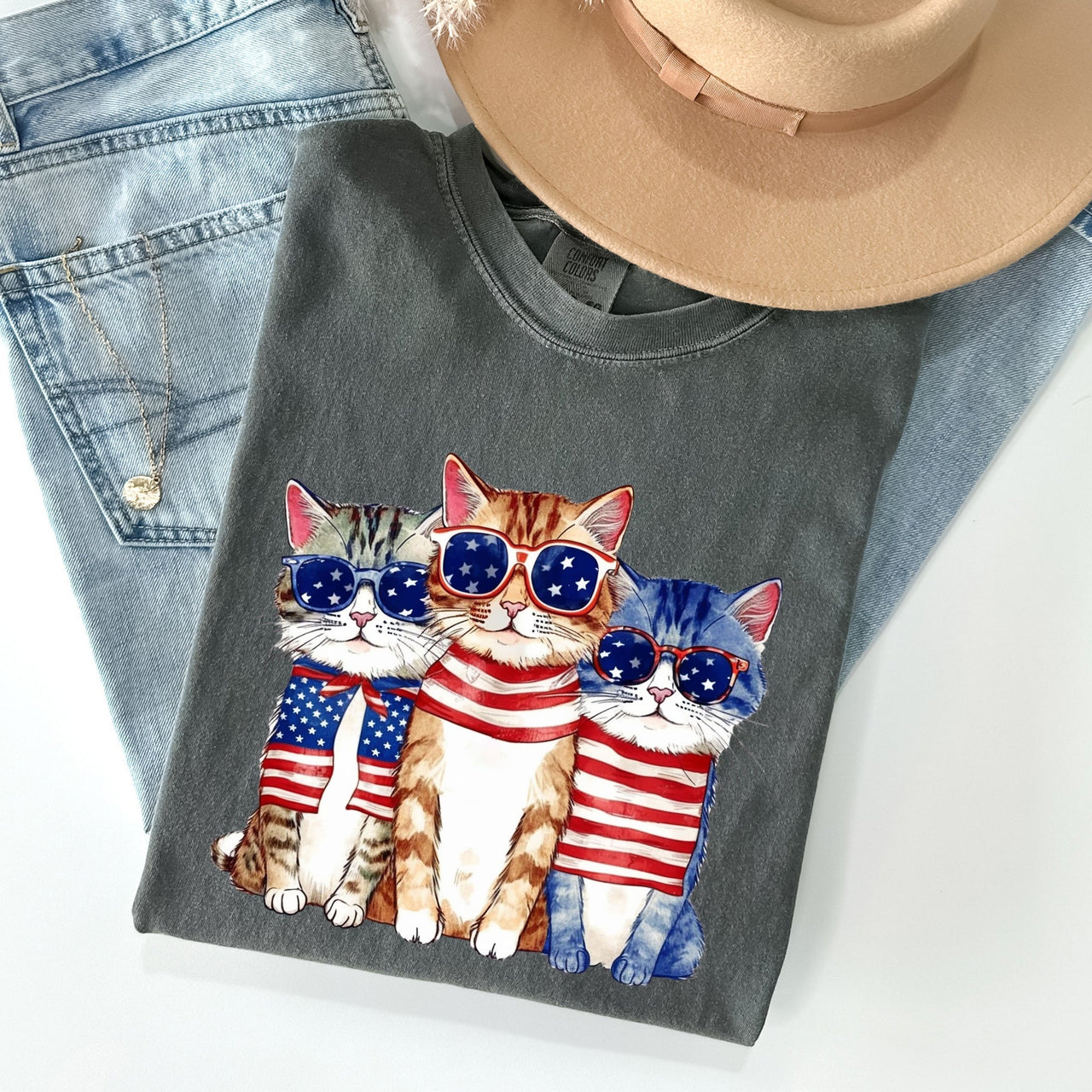 Patriotic Hippie Cats Peace Sign Edition For Americana Lovers Comfort Colors Tee