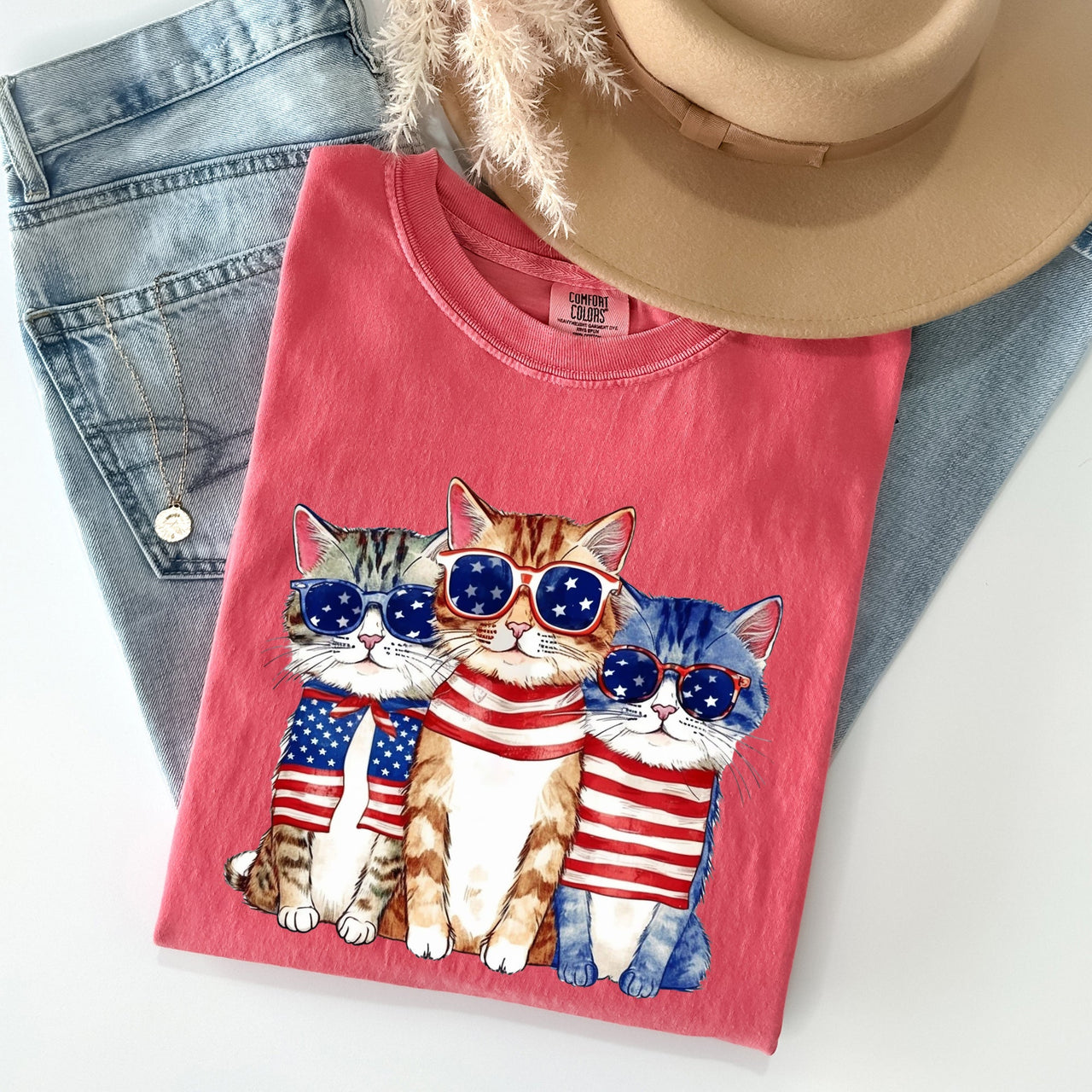 Patriotic Hippie Cats Peace Sign Edition For Americana Lovers Comfort Colors Tee
