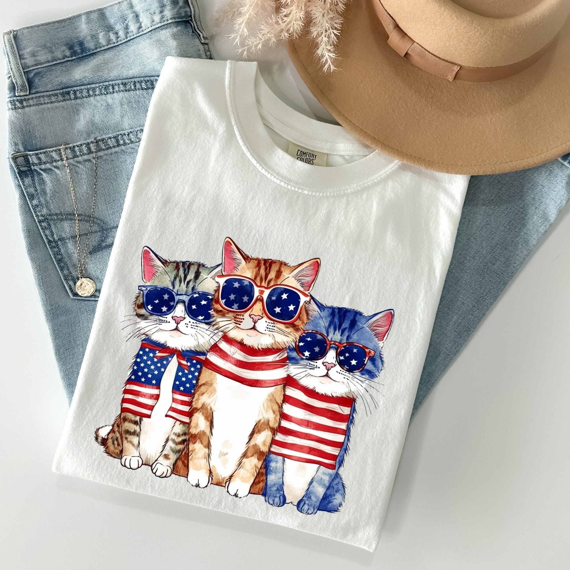 Patriotic Hippie Cats Peace Sign Edition For Americana Lovers Comfort Colors Tee