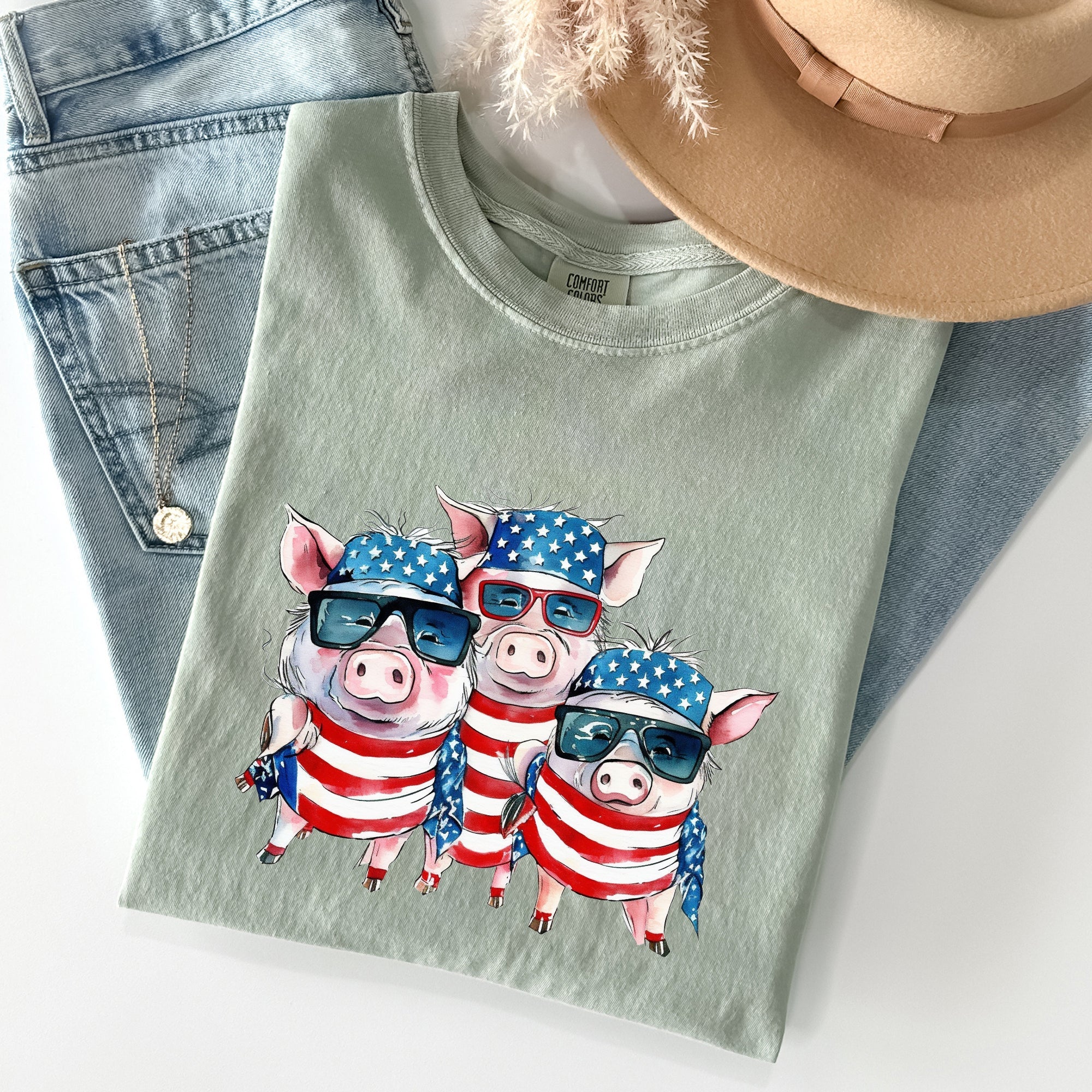 Patriotic Pigs Hippie 4th Of July Celebration With Retro Flag Colors And Classic Americana Vibe Comfort Colors Tee