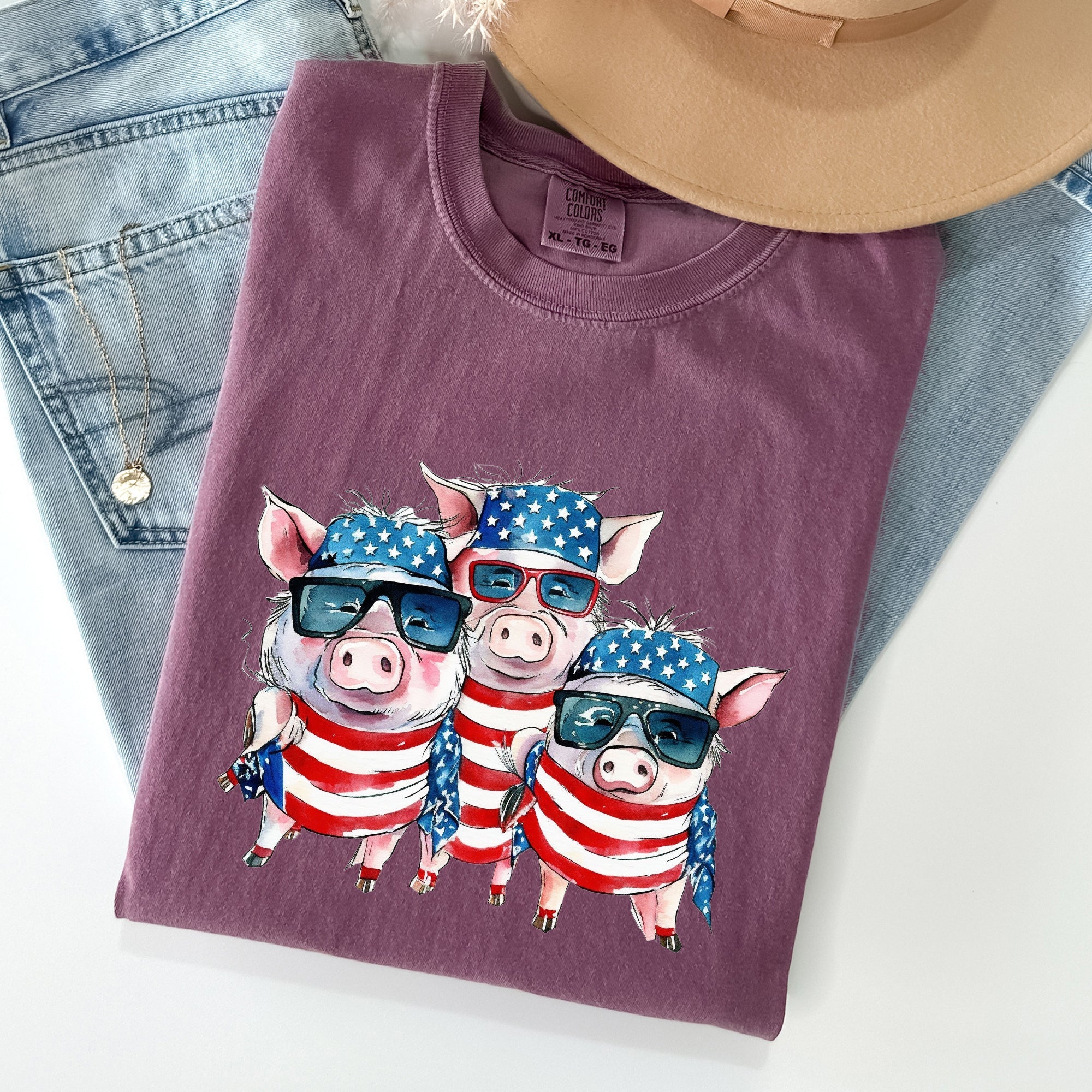 Patriotic Pigs Hippie 4th Of July Celebration With Retro Flag Colors And Classic Americana Vibe Comfort Colors Tee